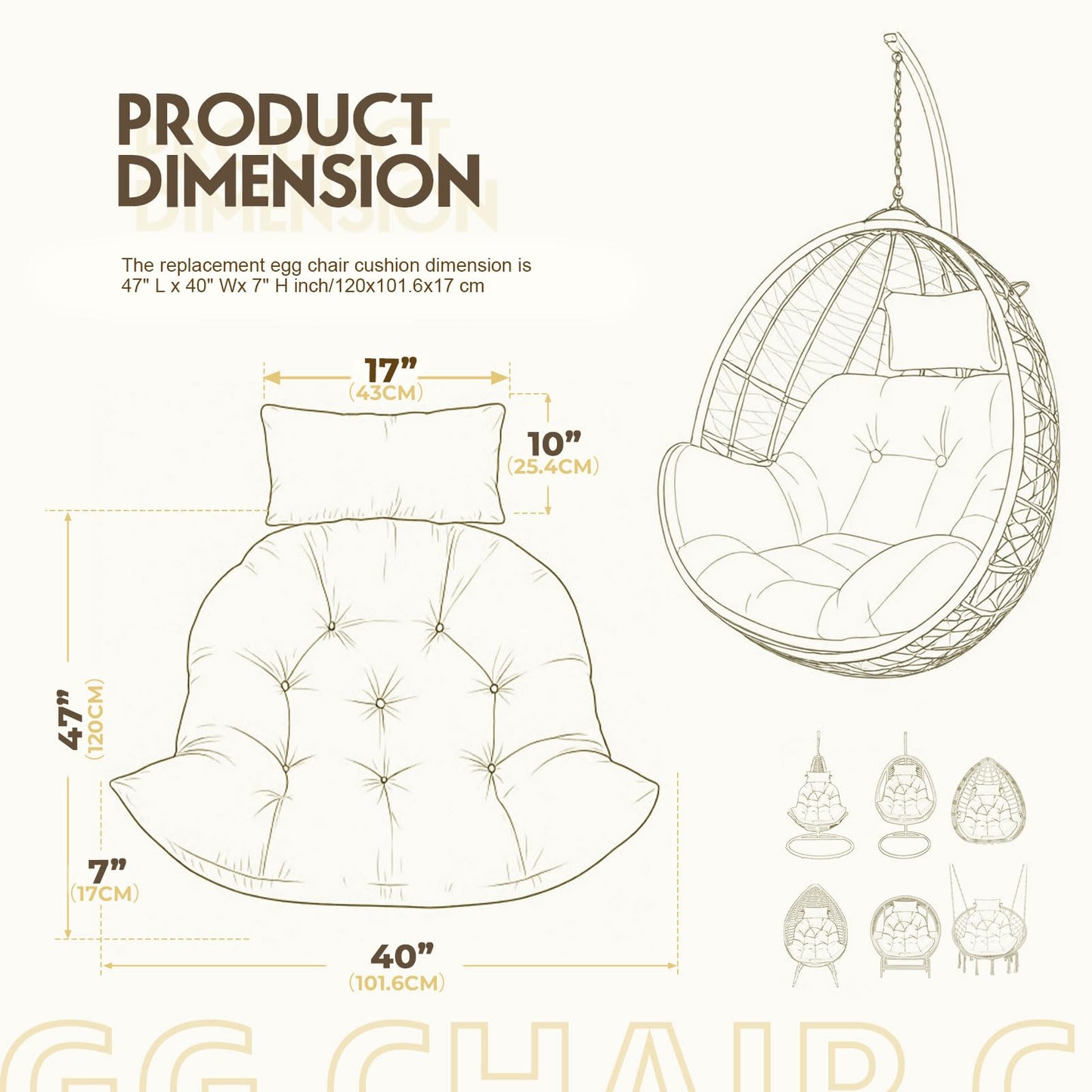 DANGHOOGY Outdoor Egg Chair Cushion, Waterproof Hanging Chair Cushion with Headrest Pillow, Egg Chair Replacement Cushion for Patio Furniture, U-Shaped Eggs Swing Cushion for Basket Chairs, Brown
