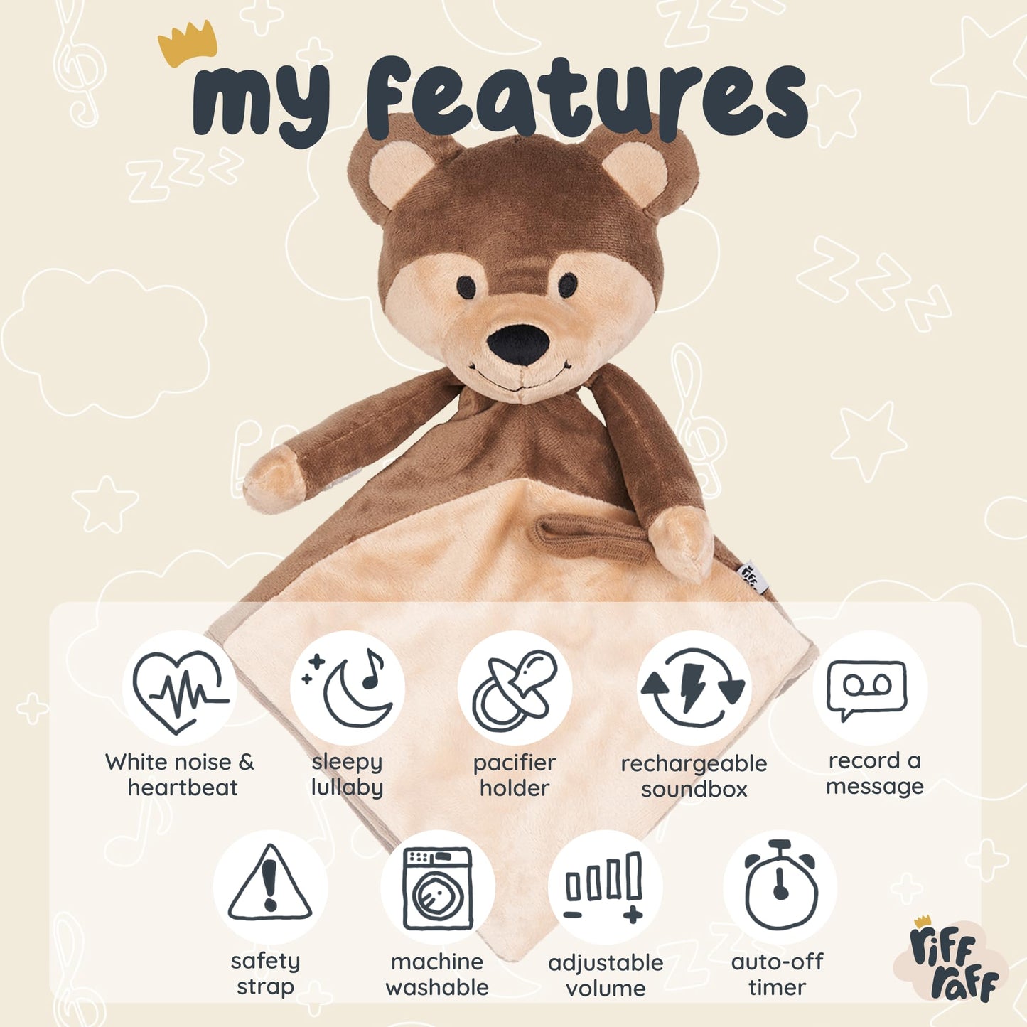Riff Raff Bear and Fawn Sleep Soother Sleep Aid Lullaby for Newborn/Baby 0+ Months, Portable White Noise Plush Sound Machine, Heartbeat & White Noise Plush, Stuffed Animals for Babies w/Velcro Strap