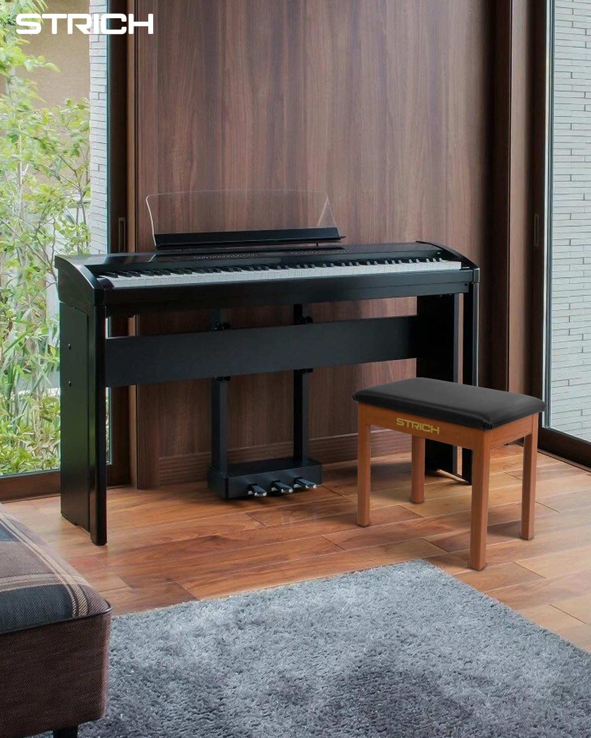 STRICH Piano Bench with Storage, Solid Wood Keyboard Bench Piano Bookcase Stool Chair Seat with Padded Cushion, Mahogany Color