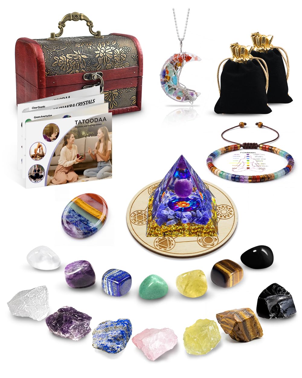 Crystals and Healing Stones Set - Chakra Crystals Gift for Women, Thumb Worry Stones, Chakra Bracelets, 7 Chakra Stones Set, Orgone Pyramid for Positive Energy Balance, Birthday Gifts for Women