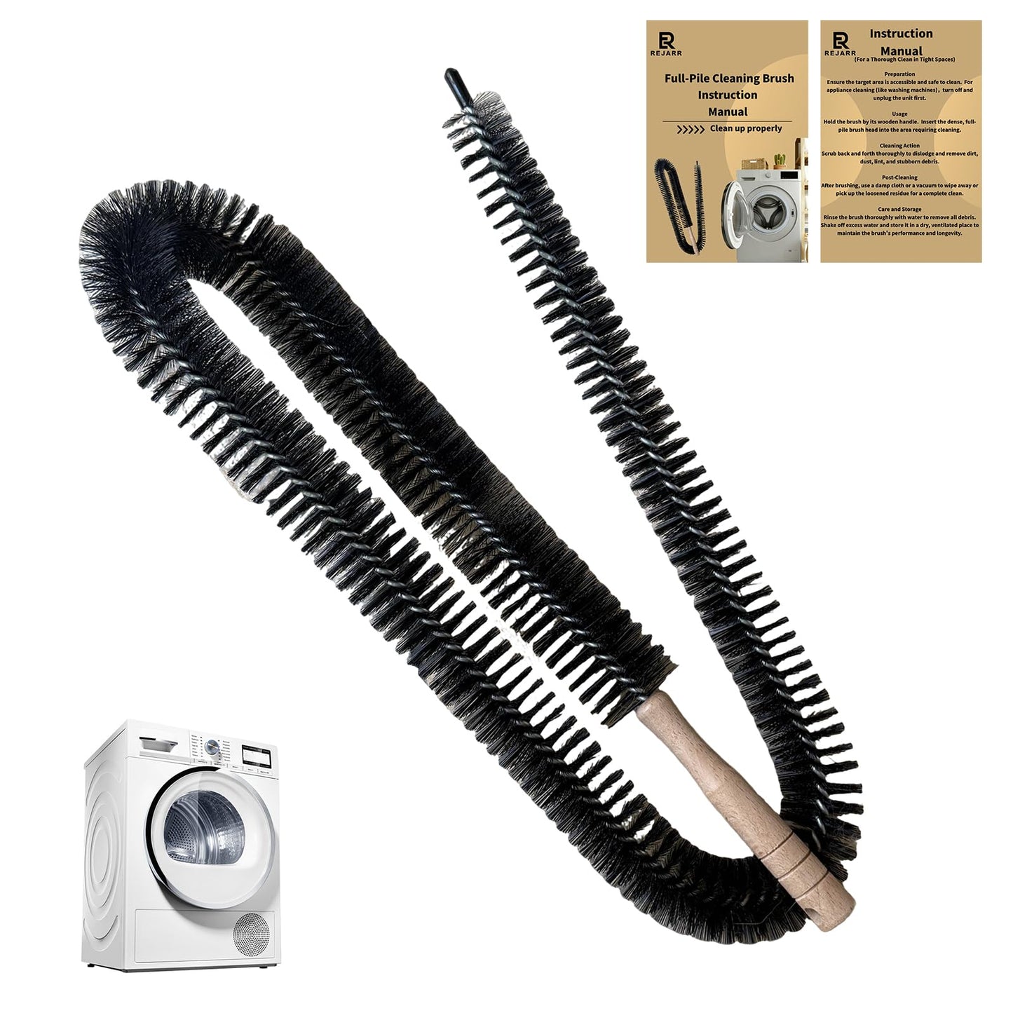 Rejarr Full-Bristle Dryer Vent Cleaner Brush, Dryer Lint Brush and Lint Removal Tool for Trap and Duct, 49.21 Inches Flexible for Deep Cleaning to Remove Pet Hair & Lint and Improve Efficiency