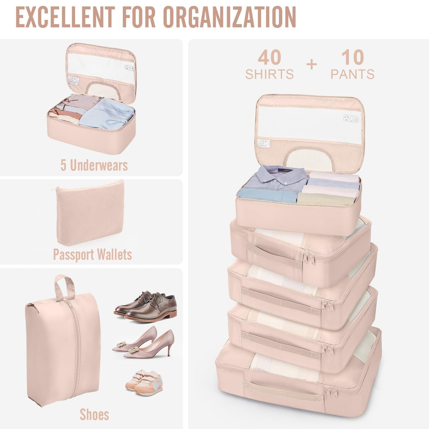 Veken 10 Set Packing Cubes for Travel, Beach Vacation Essentials Accessories for Cruise Ship, Suitcase Organizer Bags for Luggage with Hanging Toiletry & Shoe Bag, Birthday Gifts for Women Mom Her