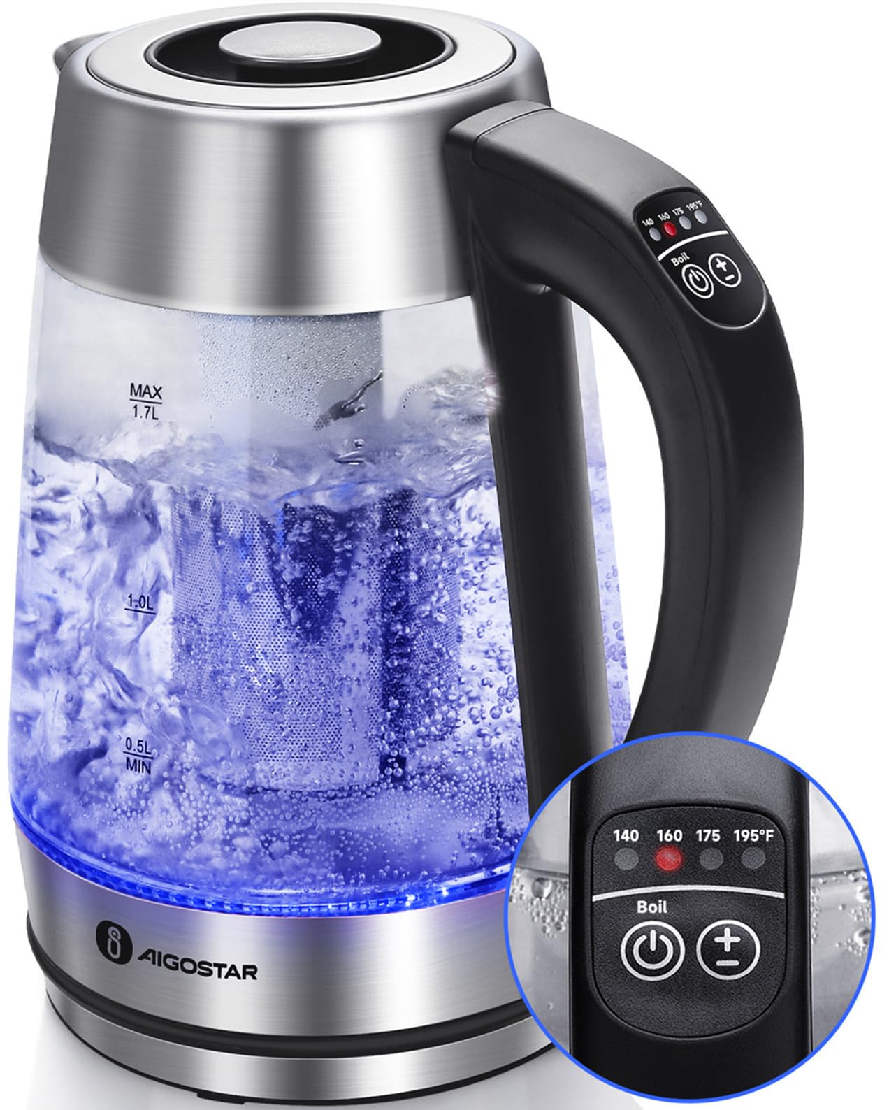 Aigostar Electric Kettle, Tea Kettle with Temperature Control and Tea Infuser, 1500W Hot Water Kettle with Variable Temperature, Keep Warm Function, LED Indicator Light Change, Auto Shut-Off, 1.7L