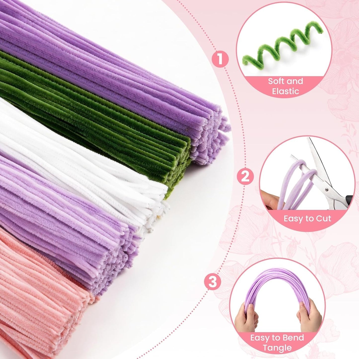 Pipe Cleaners Craft, 500 PCS Pipe Cleaner Flower Kit with 5 Colors Chenille Stems, Floral Wires, Ribbon, Gardening Tape & Stamen for DIY Bouquets, Arts and Crafts Supplies