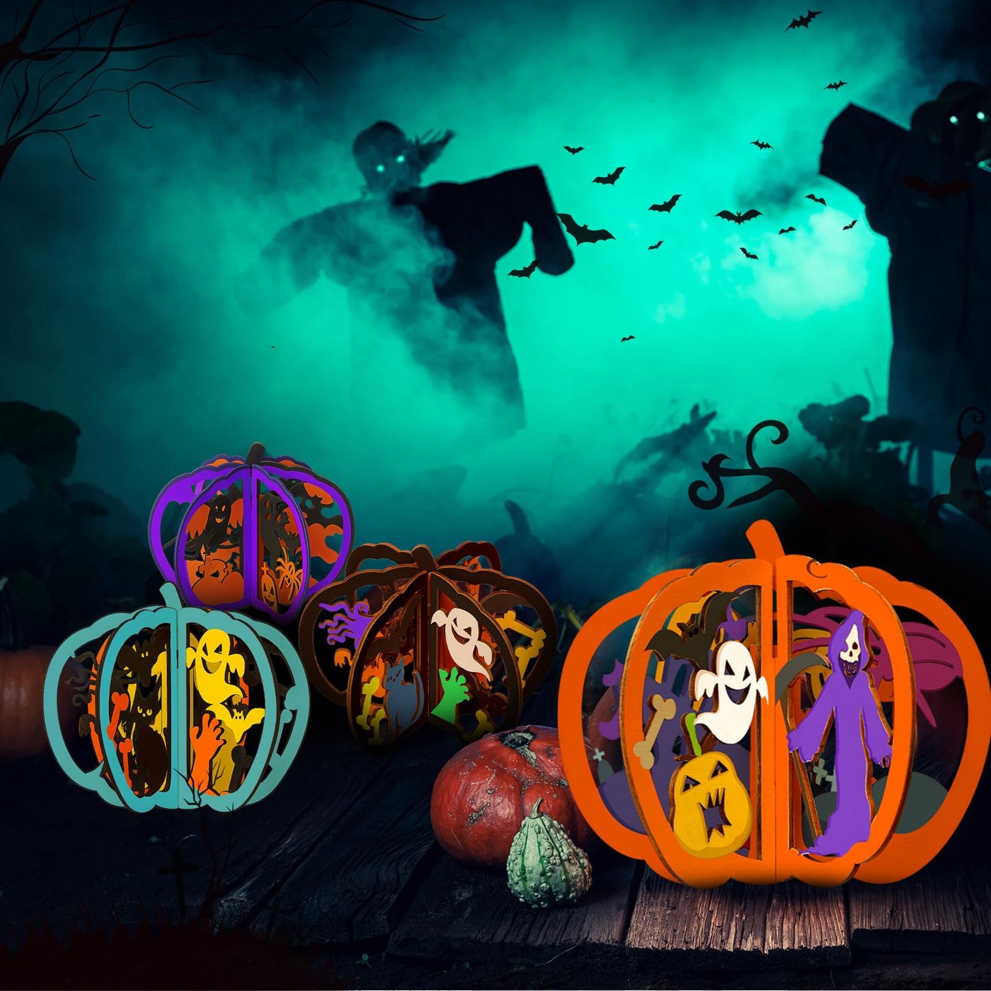 AceOrbit 36 Pcs Halloween Wooden Crafts Kits Pumpkin Bats Spider DIY Unfinished Wooden Slices to Paint 3D Blank Wood Cutouts for Halloween Table Decorations Arts, 6.7" x 7.9"