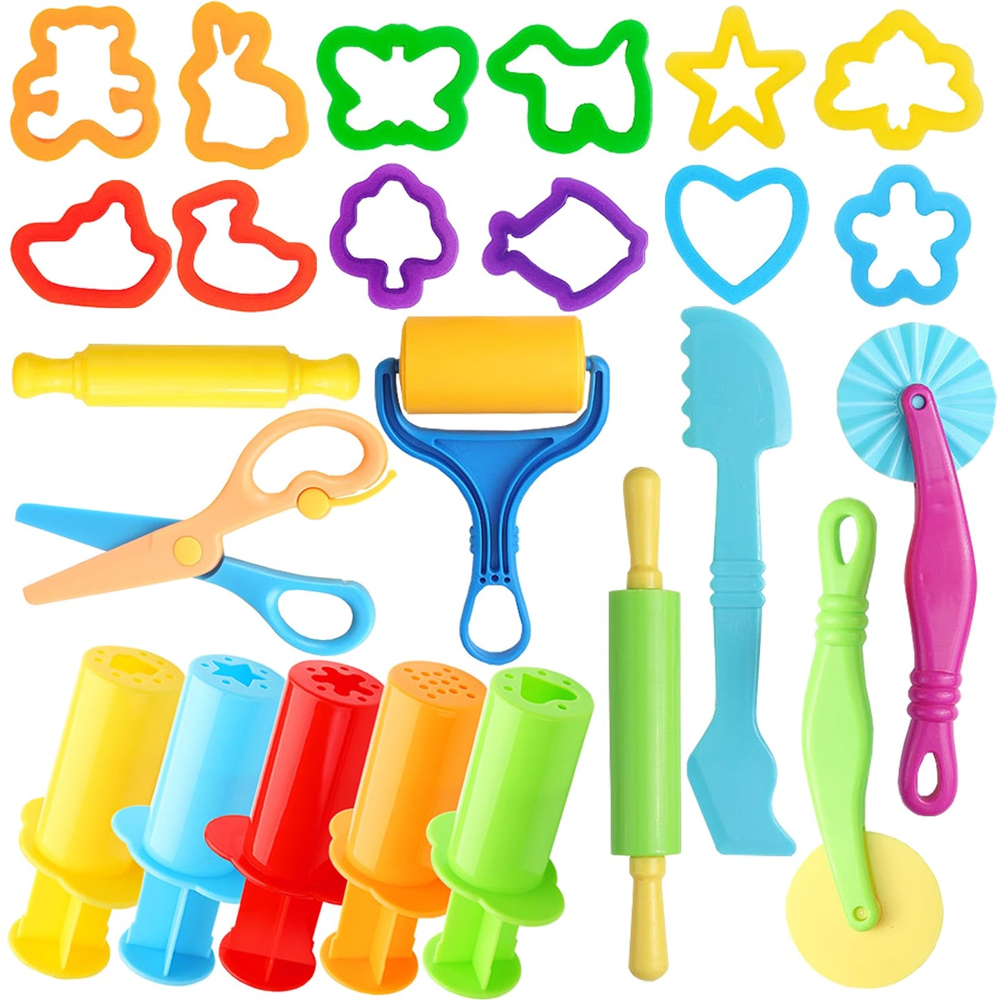 iShyan Dough Tools for Kids, 24 Pieces Dough Play Tools Set with Rolling Pins,Cutters,Dough Extruders,Scissor