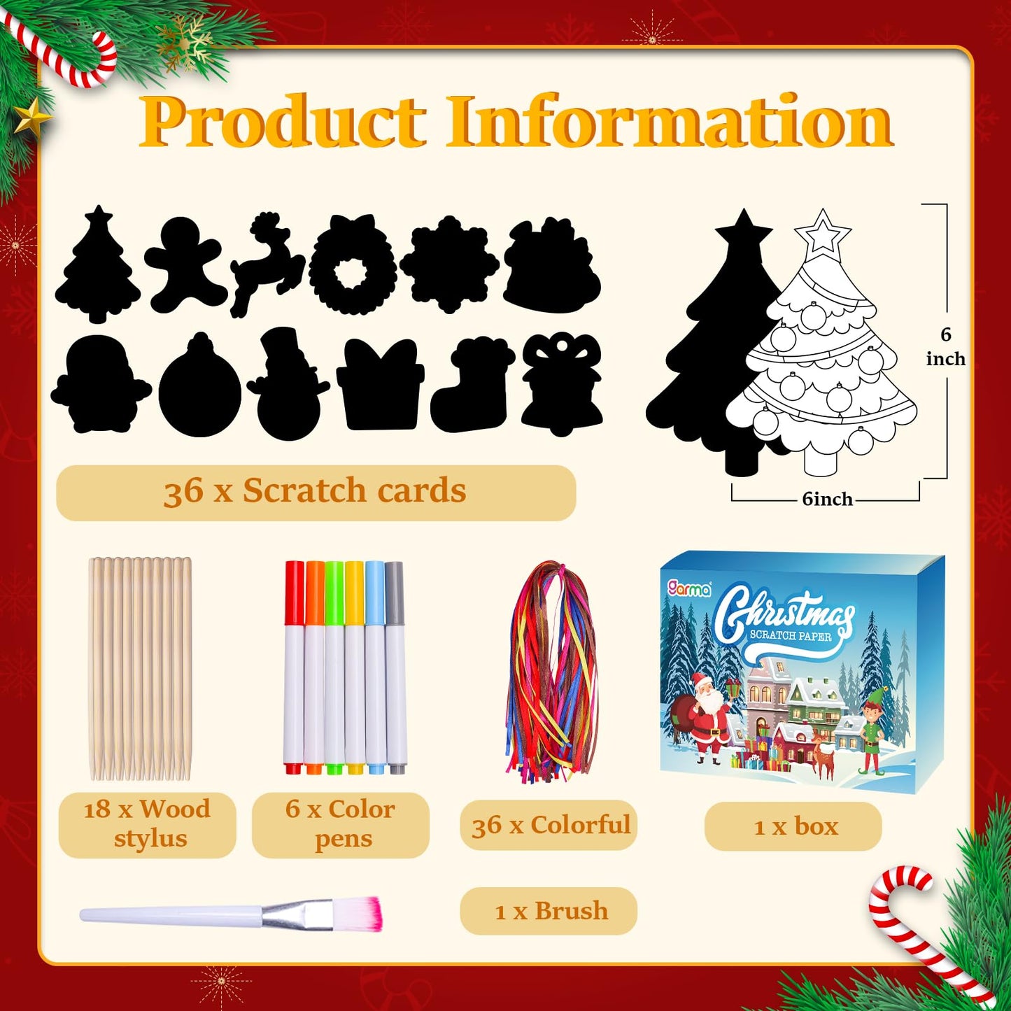 Garma 72Pcs Christmas Crafts Scratch Art for Kids, Rainbow Scratch Paper Christmas Ornaments Crafts Christmas Party Favors Toys Xmas Tree Ornaments Hanging Craft Art Kits
