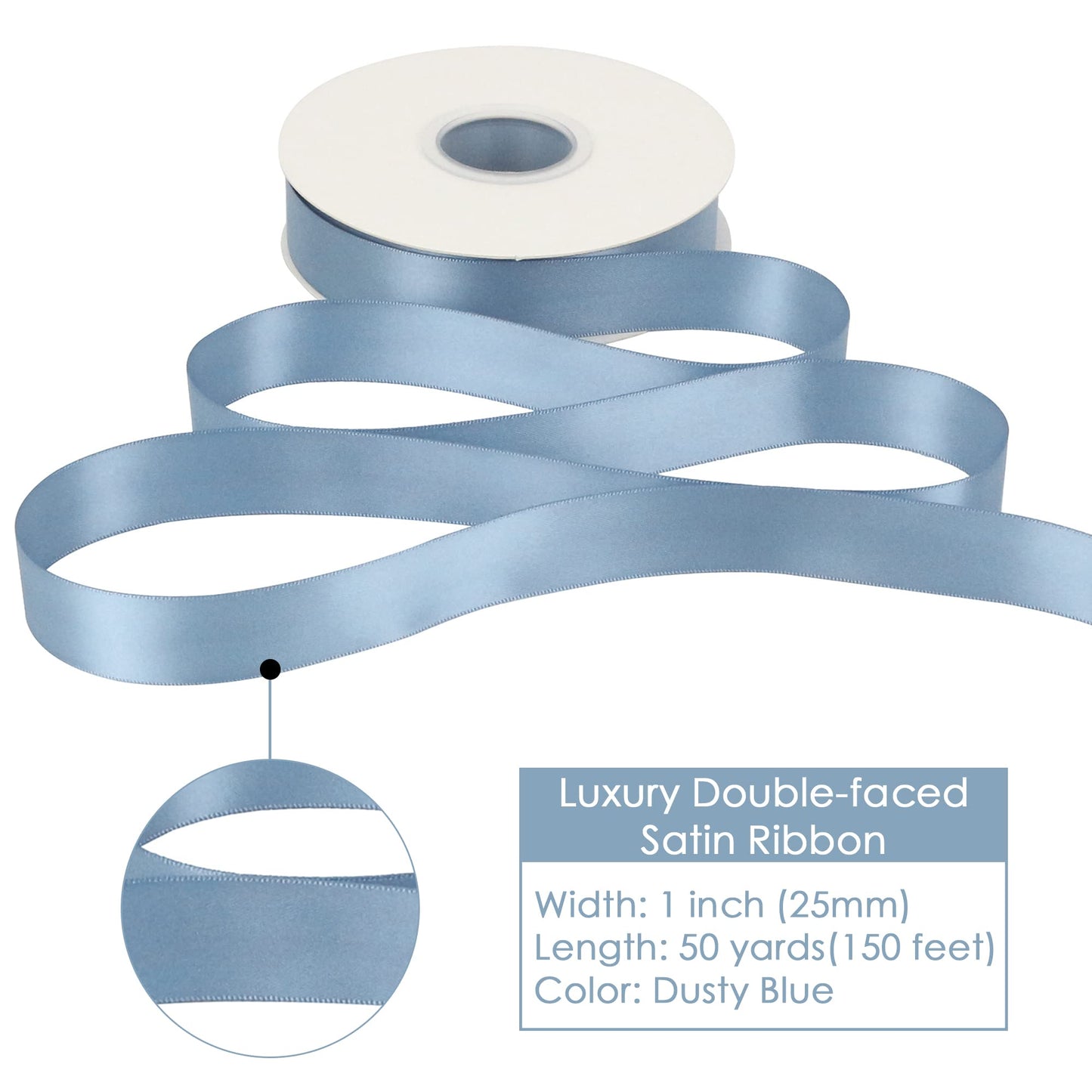 HUIHUANG Dusty Blue Satin Ribbon 50 Yards Double Faced Satin Ribbon 1 inch Blue Silk Ribbons for Gift Wrapping Bows Crafts Bridal Floral Bouquet Cake Wedding Invitation Card Birthday Party Decor