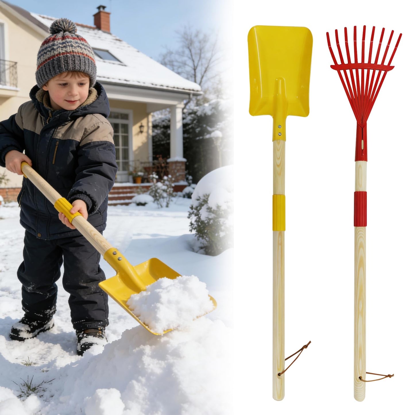 2 Pcs Kids Rake and Shovel Set,28" Toddler Size Metal Snow Shovel & Leaves Rake with Wooden Handle,Real Gardening Tools for Child Age 3 for Little Helpers in Winter Yard Fun