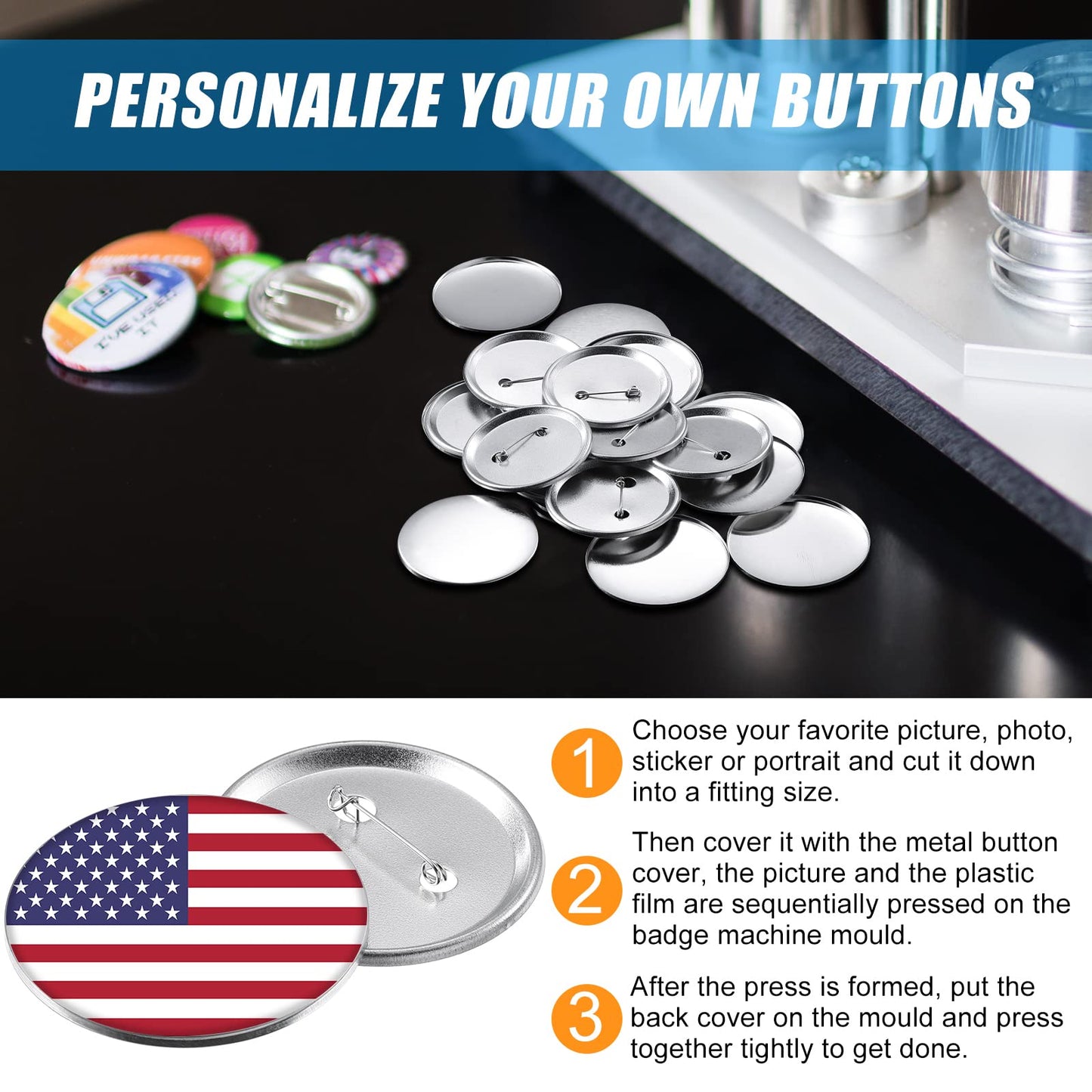300 Pieces Blank Button Making Supplies Round Badge Parts Metal Pin Badge Kit for Button Maker Machine, Including Metal Shells Back Cover and Clear Film(1.46 Inch,Silver)