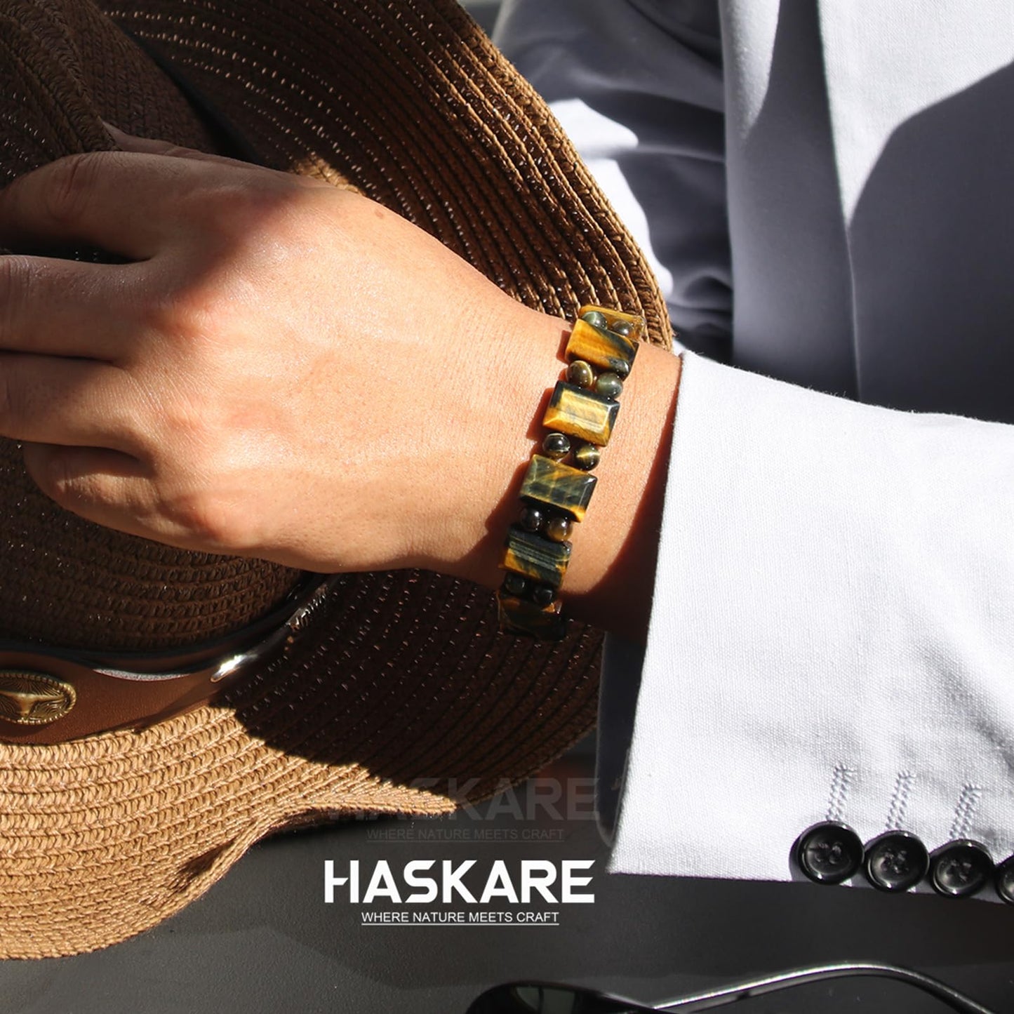 Unique Tiger Eye Bracelet for Men, HASKARE Energy Protection Crystals Golden Blue Tigers Eye Bracelets Handmade Steel Wired Natural Beads Bracelet Adjustable Durable Chain Stone Bracelet Gifts for Him