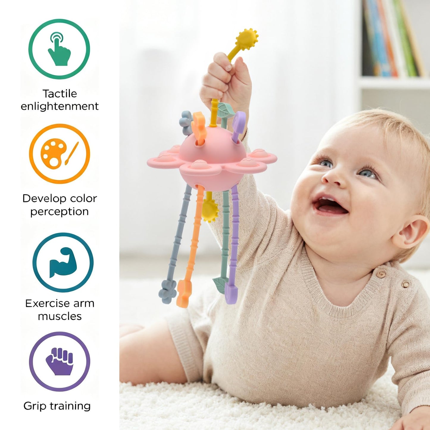 Little Rawr Silicone Baby Sensory Montessori Toys & Pull String Toys for 18 M+, Toddler Birthday Gift Car Seat Airplane Travel Toy for 1 2 Year Old Boy Girl Infant 18 Months Old (Pink)