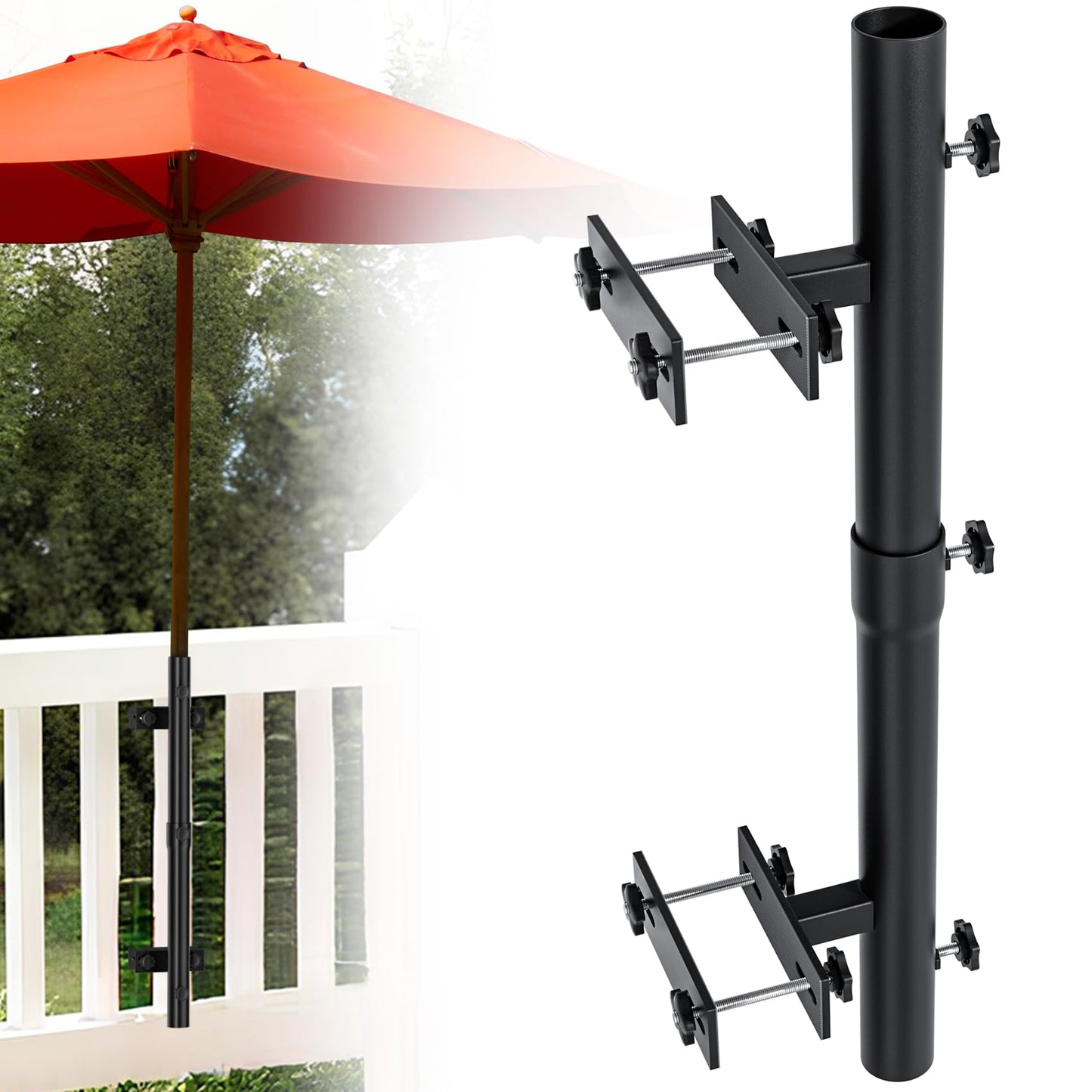 Heavy-Duty Patio Umbrella Holder for Deck Railing - Stainless Steel Windproof Outdoor Patio Umbrella Base and Mount Brackets Attachable to Railing, Fits Pole ≤1.6'' & Post <3.3" - Space Saving, Black