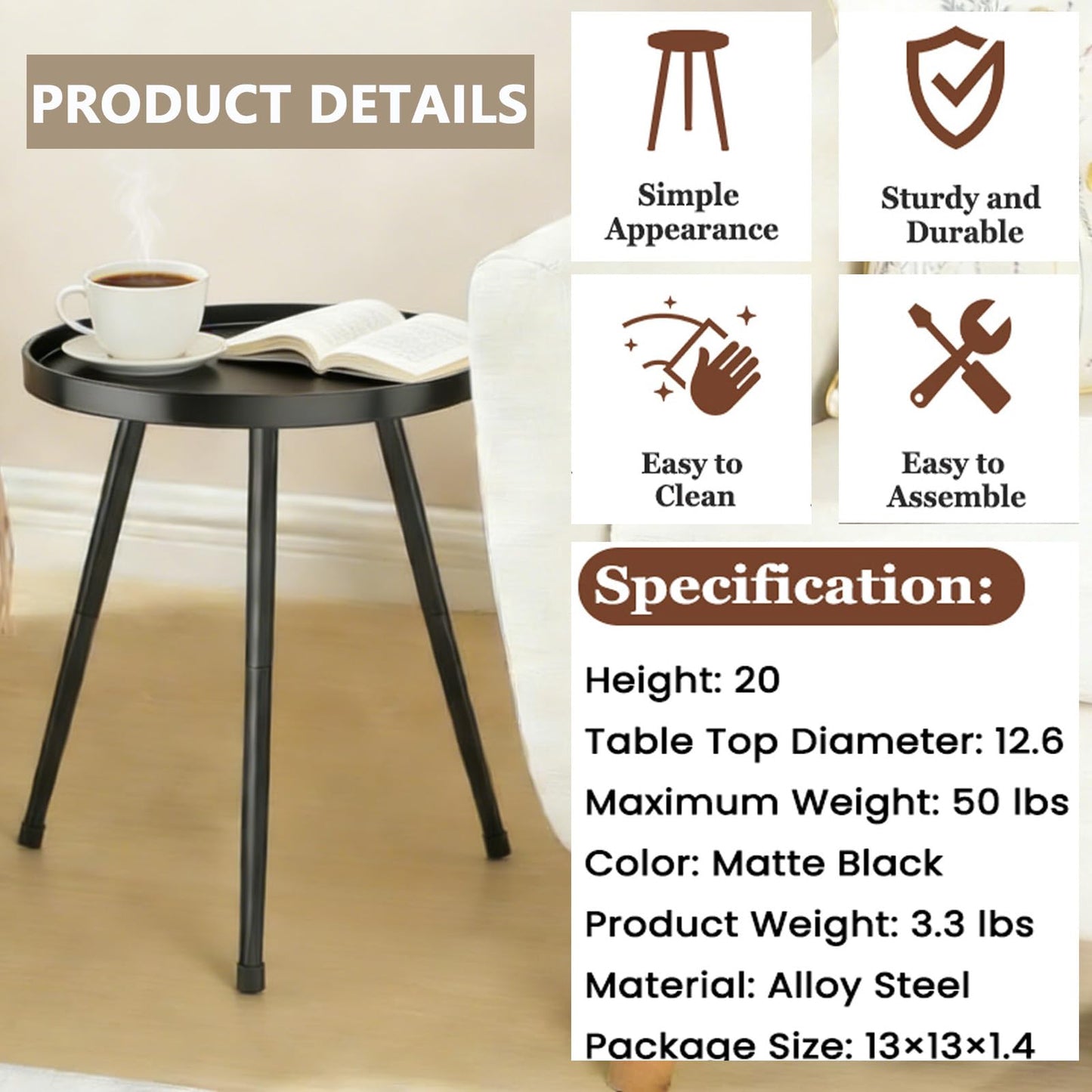 LMGVRZK Small Round Side Table Metal End Table Outdoor Black Side Table Mid-Century Modern Accent Table for Office Bedroom Balcony and Small Spaces.