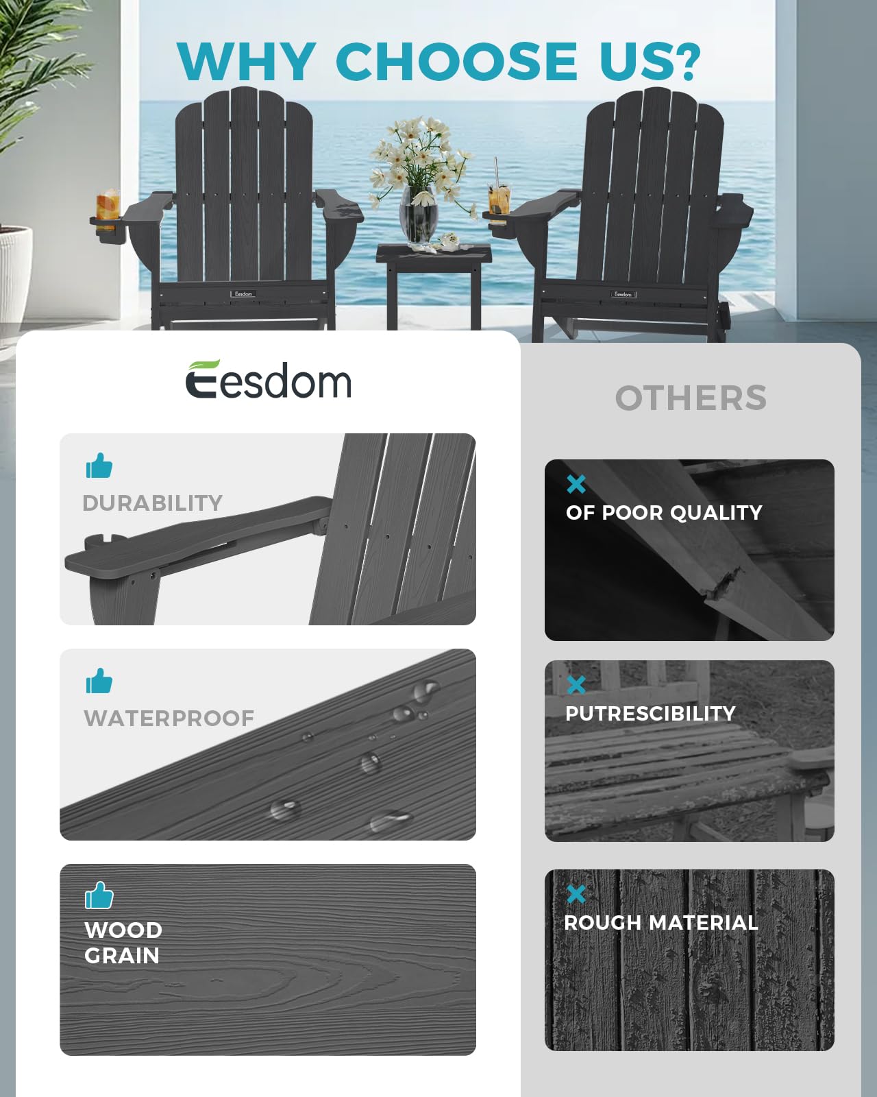 Eesdom Folding Adirondack Chair, HDPE Adirondack Chair with 2 Cup-Holders, Outdoor Chairs for Poolside, Garden, Patio, Grey