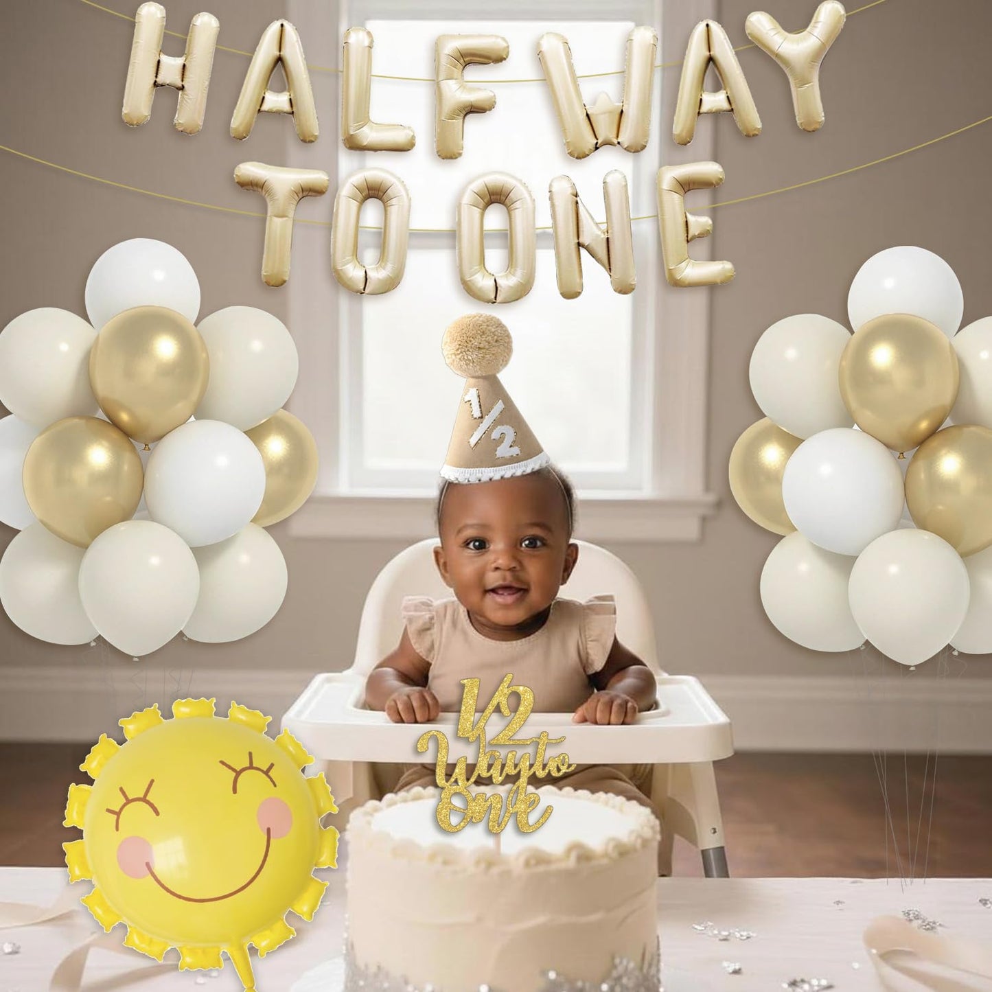 Half Birthday Decorations for Baby Girl - Khaki 1/2 Birthday Hat, Half Way to One Balloon Banner, Gold and White Balloons, 1/2 Cake Topper, Sun Balloons, 6 Months Party Supplies