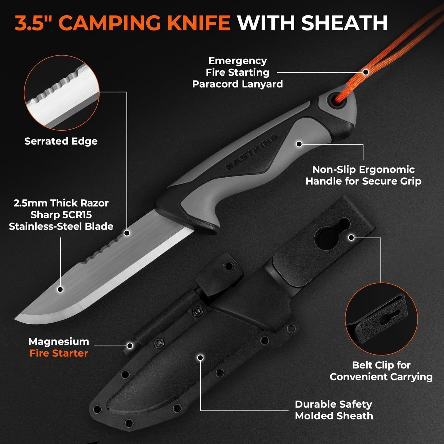 KastKing FieldLite Camping Gear Set, 5-Mode LED Headlamp, 7" Razor-Sharp Knife with Sheath & Fire Starter, 5-in-1 Tactical Bracelet, Multi-Function Outdoor Kit