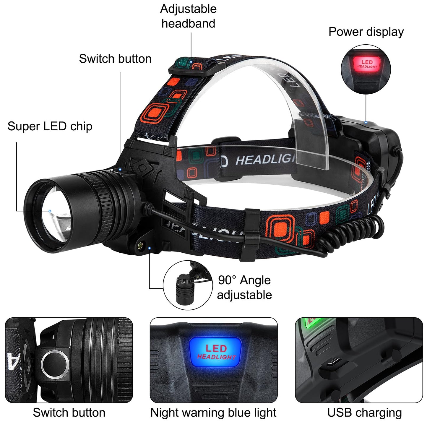 Rechargeable Headlamp 2Pack, 99000 Lumens Super Bright LED Head Lamp with 3 Modes, 90° Adjustable Head Lights for Forehead, 45H Long Runtime & IPX6 Waterproof HeadLamps for Camping Hunting Hiking