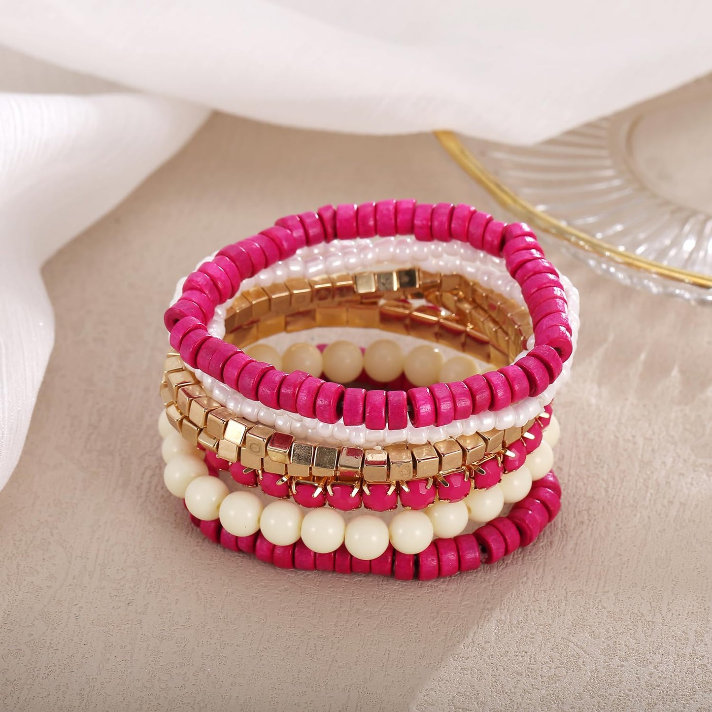 LUREME Bohemian Beads Cube Multi Strand Stretch Stackable Bangle Bracelet Set(bl003172-11)