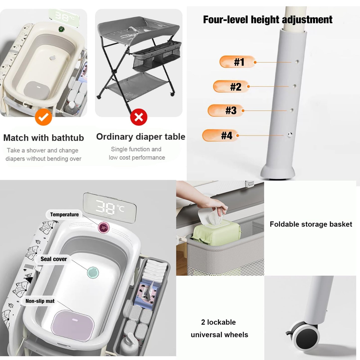 PandaEar 2-in-1 Baby Bathtub & Changing Table, Adjustable Height Folding Diaper Station Waterproof Pad with Storage Rack & Wheels, Baby Bath Tub with Thermometer