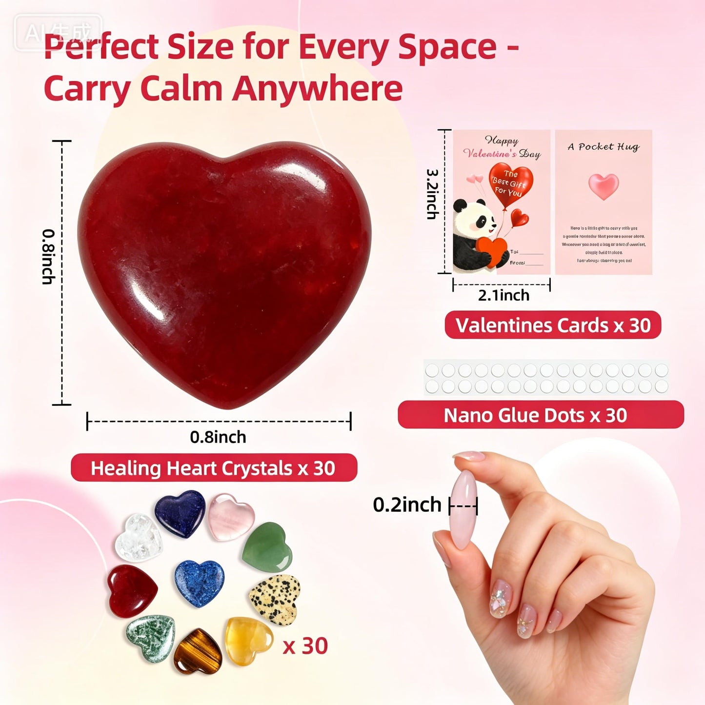 VRBELNI 30 Packs Healing Crystals Set for Anxiety Stress Relief, Natural Heart Chakra Stones Reiki Kit with Positive Cards, Self Care Gift for Women Men (Comes with 'Valentine's Day' Printed Card)