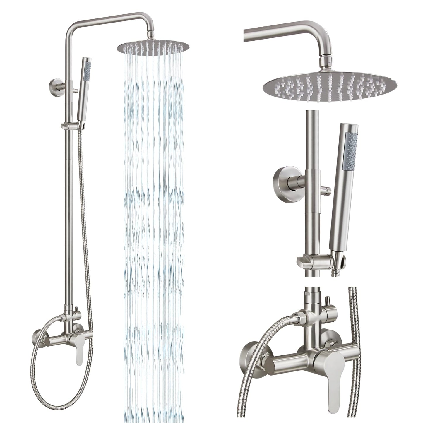 gotonovo Outdoor Shower Fixtures SUS304 Stainless Steel Rain Shower Kit Faucet High Pressure Wall Mount 2 Dual Function 8 Inch Showerhead and Handheld Spray Combo, Single Handle, Brushed Nickel