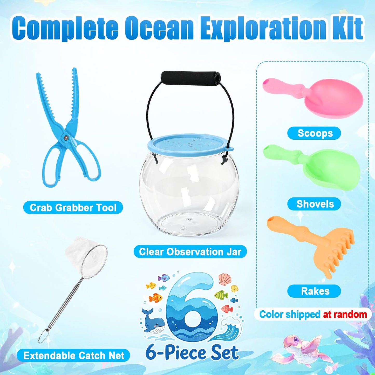 Kids Beach Exploration Kit, Catch & Release Aquarium Toy Set with Net, Crab Tongs, Sand Shovels & Clear Critter Keeper, Beach Toys for Kids Ages 2–12 (Beach, Lake, River)