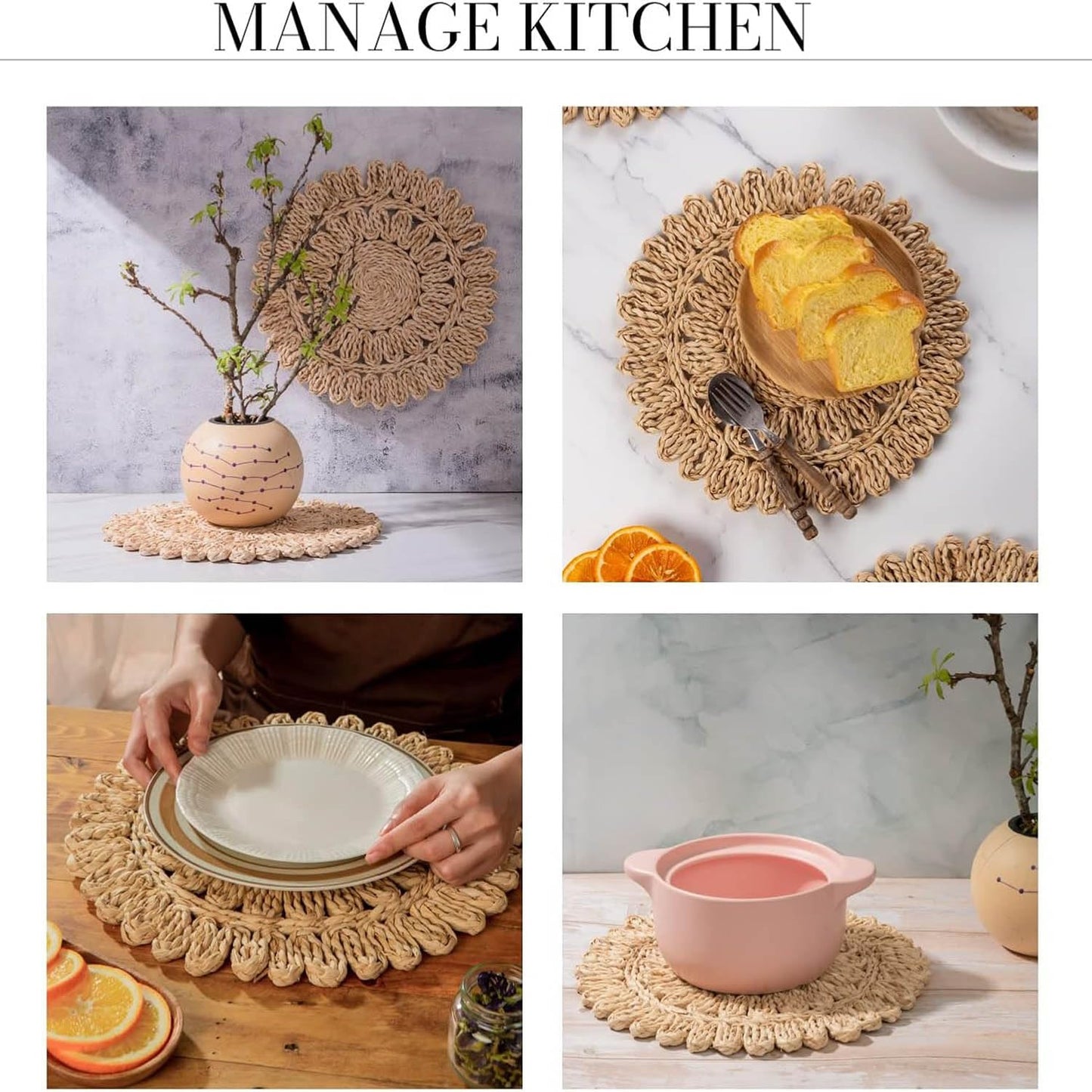 Laquedecraft 11.8" Set of 4 Round Corn Husk Placemats | Boho Woven Rattan Table Mats | Farmhouse Wicker Spring Plate Chargers Like Water Hyacinth, Seagrass for Wedding, Party, Christmas, Events