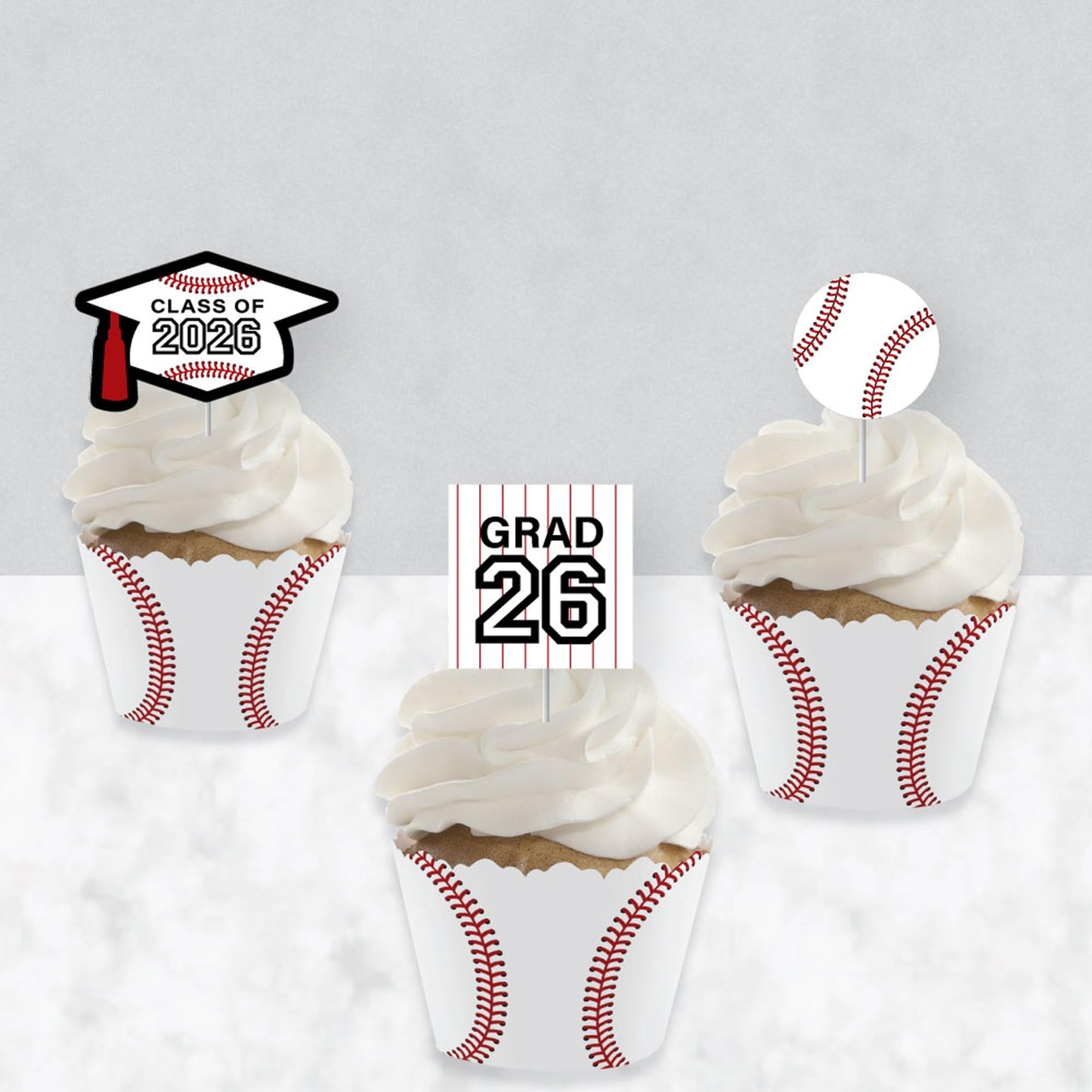 Big Dot of Happiness Grad Baseball - Cupcake Decoration - 2026 Graduation Party Cupcake Wrappers and Treat Picks Kit - Set of 24