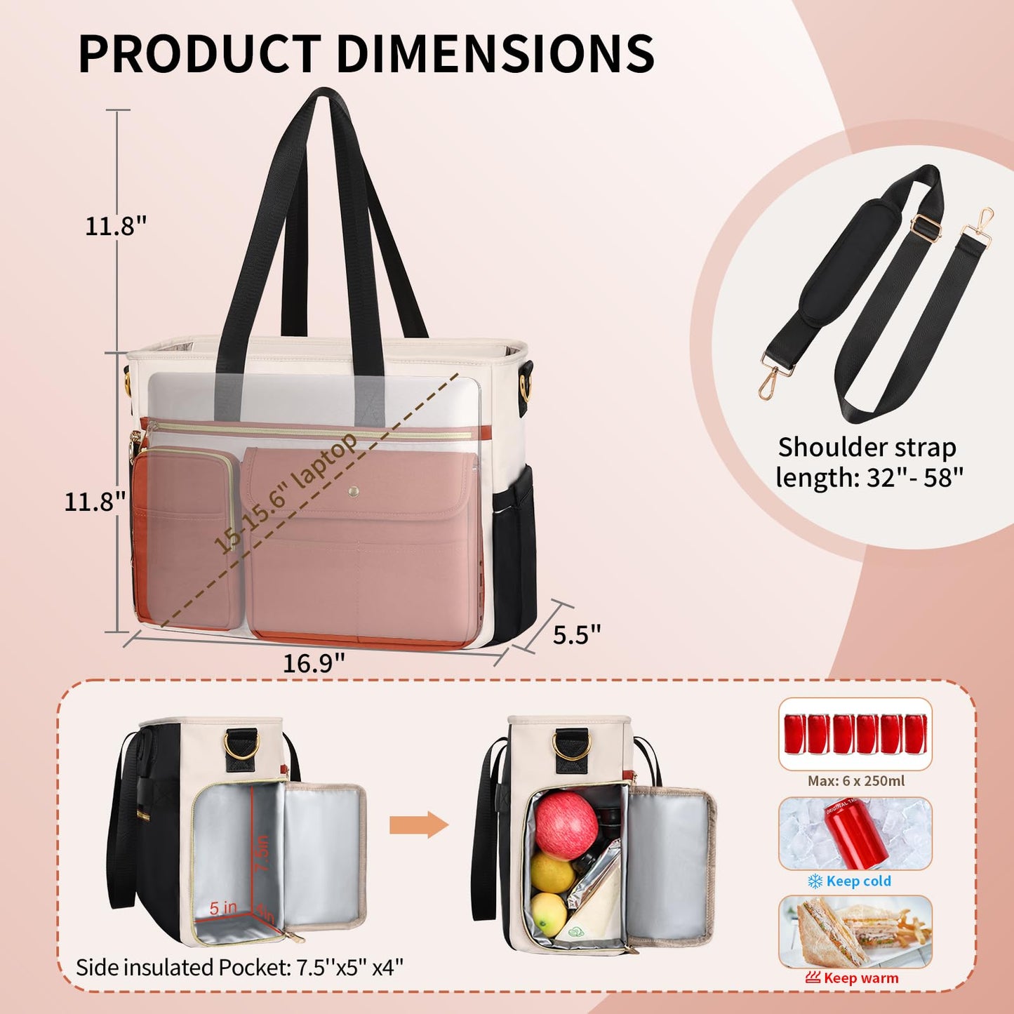 ESTARER Teacher Tote Bag for Women 2Pcs,15.6'' Laptop Work Bag Computer Bag w/File Folder & Insulated Pocket, Large Water-resistant Messenger Shoulder Bag for Office/Travel/College,Black-Beige-Brown