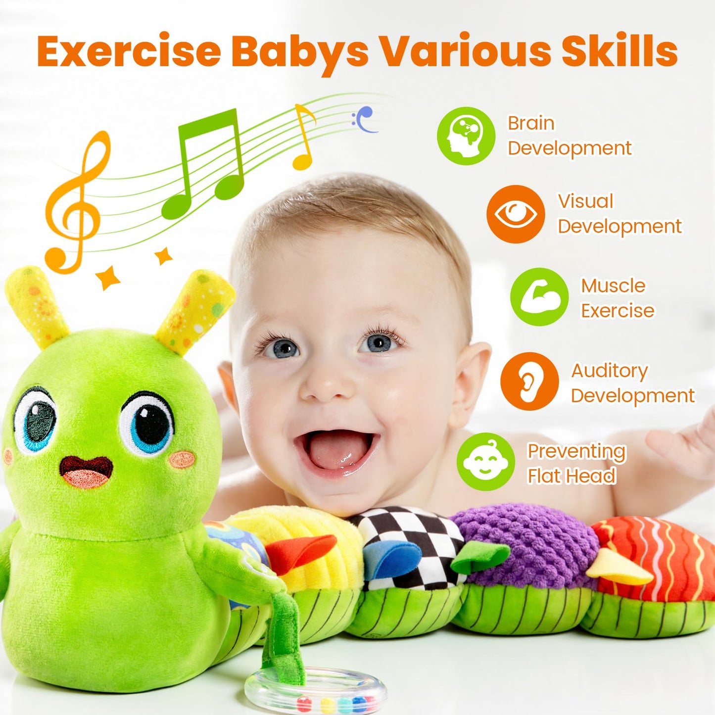 gogonova Baby Musical Caterpillar Toy 0-12 Months, Washable Teething Rattle with 10 Kids Songs, Infant Tummy Time Toy for Newborn Boys Girls (Green)