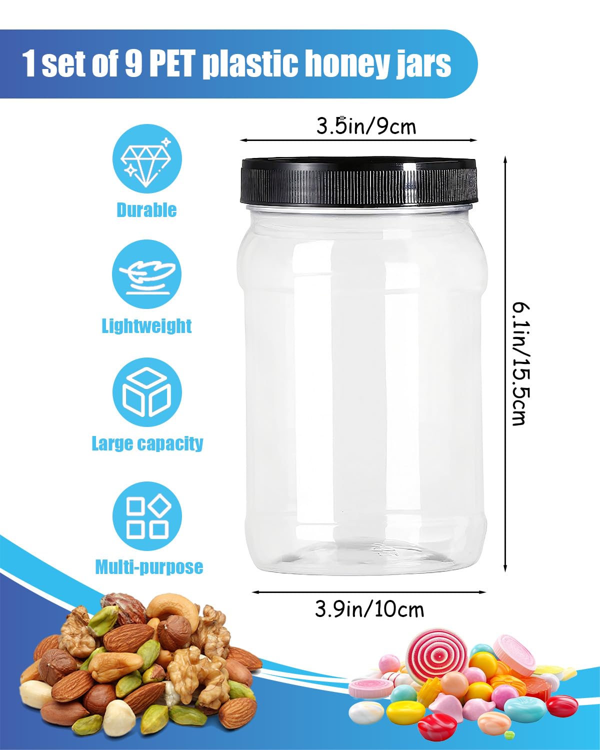 Rocutus Plastic Storage Jars with Black Lids, Wide Mouth Clear Containers for Dry Food, Craft Supplies, Honey, Jam, Peanut Butter, Airtight Food Canisters, 9 Pack 32 OZ (Black Cap)