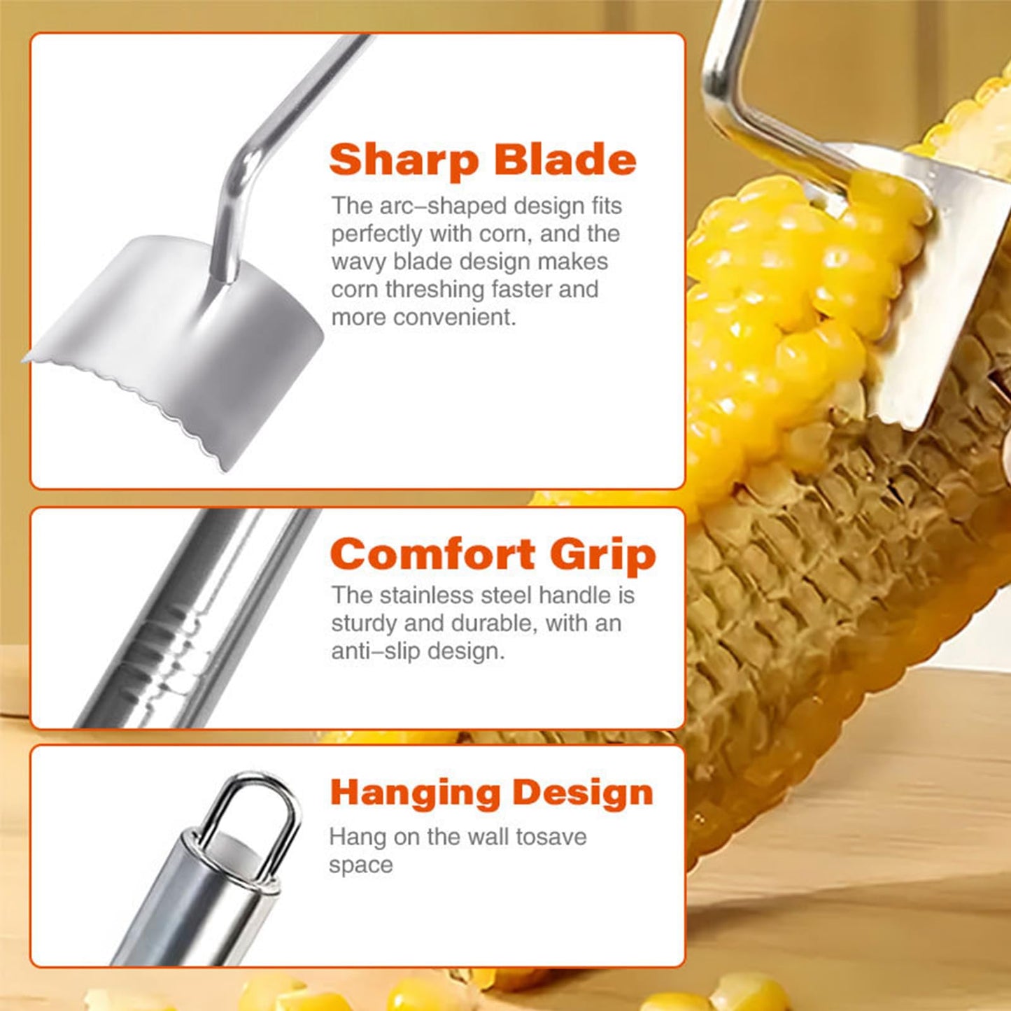 Corn Peeler For Corn On The Cob，2025 Upgrade Sawtooth Corn Cob Stripper Tool ，Ergonomic Design Ideal Tool For Long Handle Stainless Steel Corn On the Cob Stripper Tool (Silver, 1pack+1peeler)