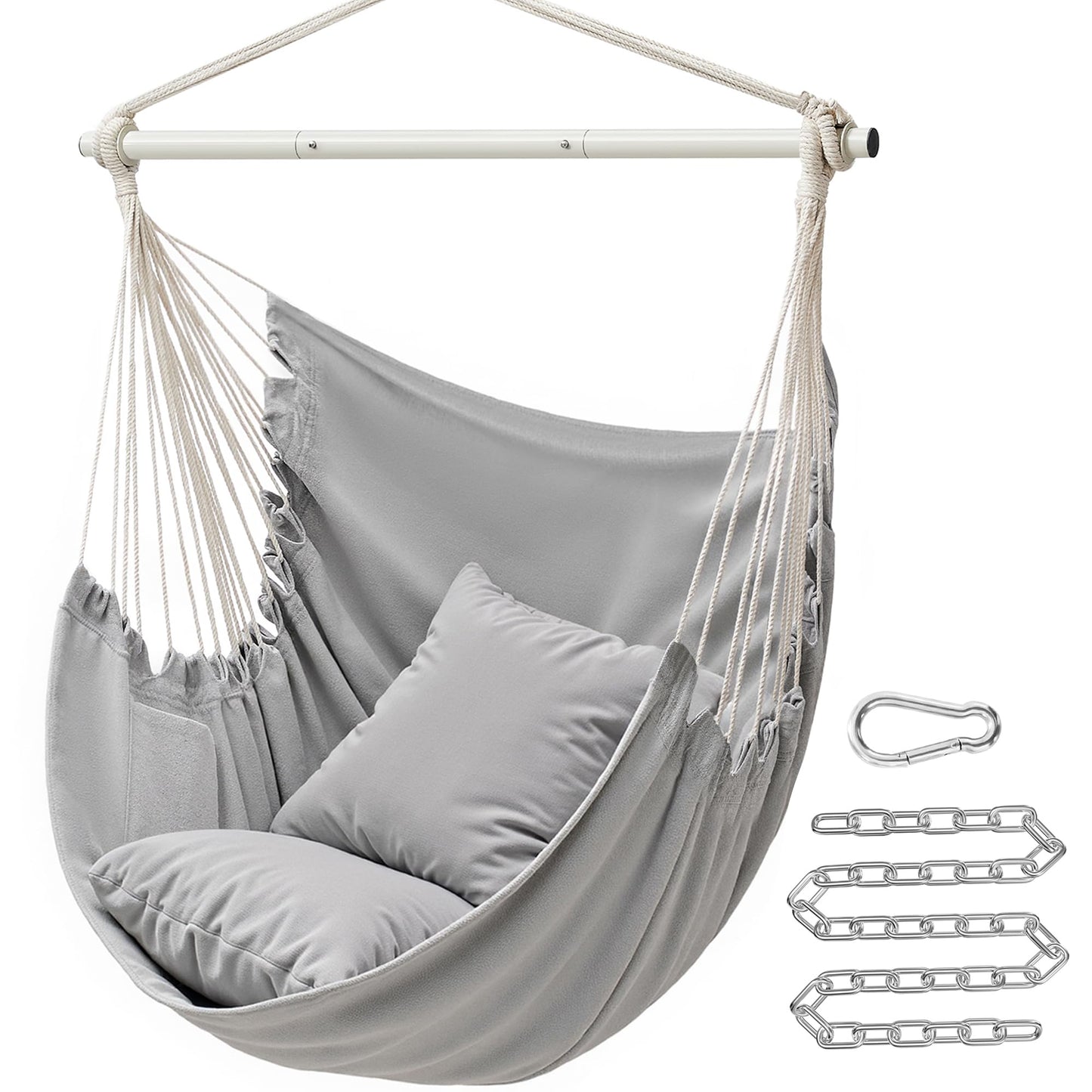 SONGMICS Hammock Chair, Load Capacity 500 lb, Hanging Chair with 2 Cushions, Large Hammock Swing with Chain and Pocket, for Indoor, Outdoor, Living Room, Bedroom, Dove Gray UGDC197G01