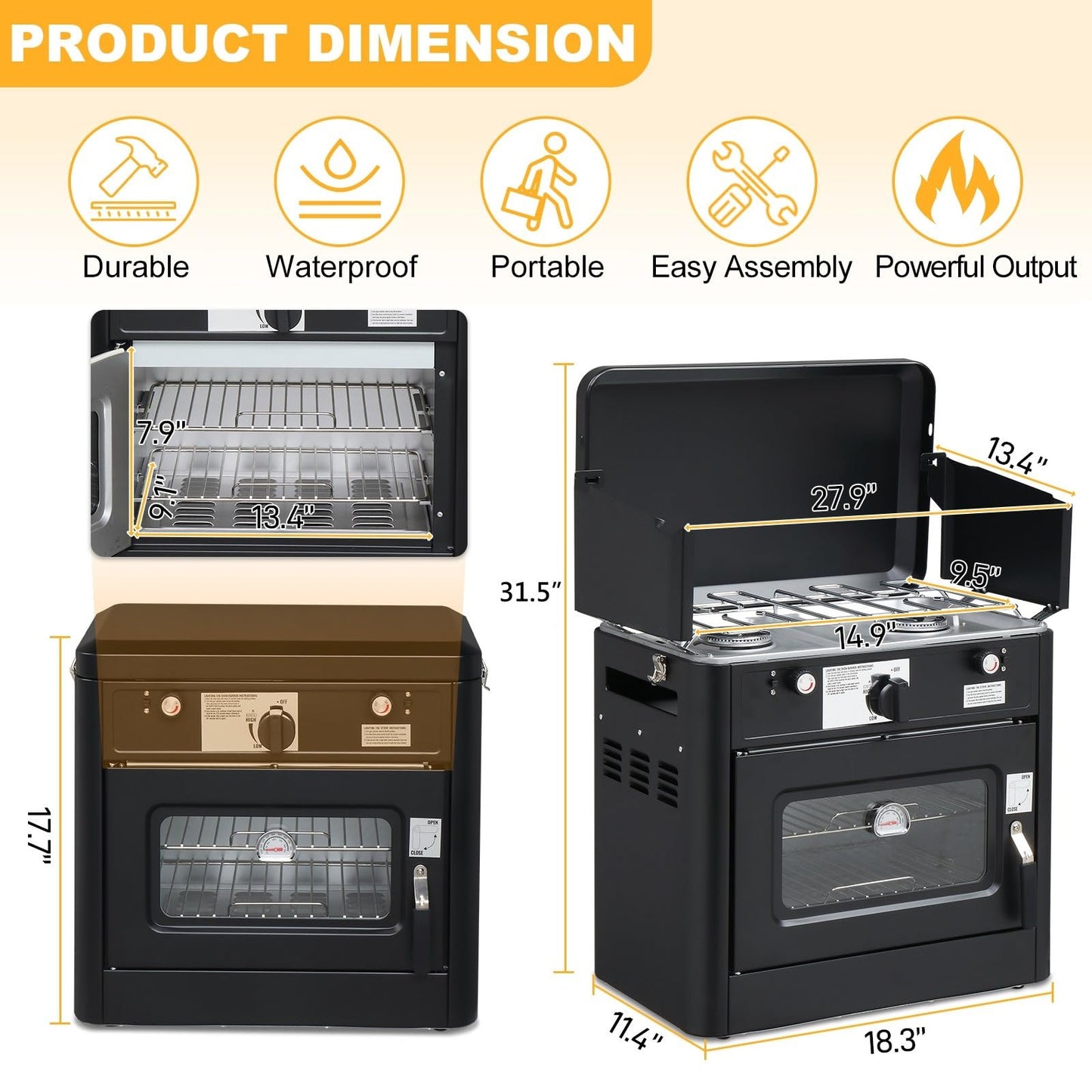 Bonnlo 2-in-1 Camping Oven & Portable Gas Stove Combo with 3-side Windscreen, Powerful 19,800 BTU Propane Oven with One-click Ignition, Heat-resistant Coating & Thermometer for Outdoor Use, Black