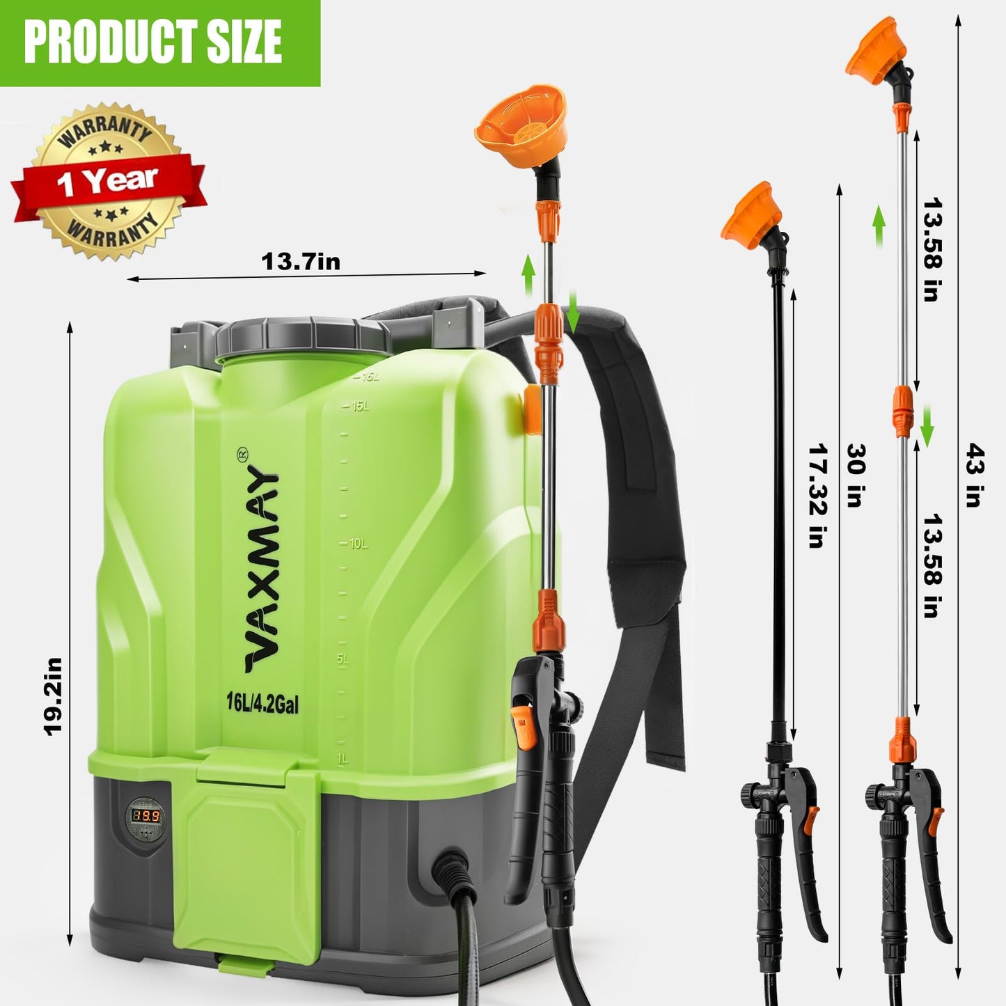 VAXMAY Battery Powered Backpack Sprayer 4.2 Gallon, 120 PSI Electric Garden Sprayer Compatible with DeWalt 20V Battery, Weed Yard Sprayer with 2 Wands, 5 Nozzles, 2.6 Ah Battery & Charger Included