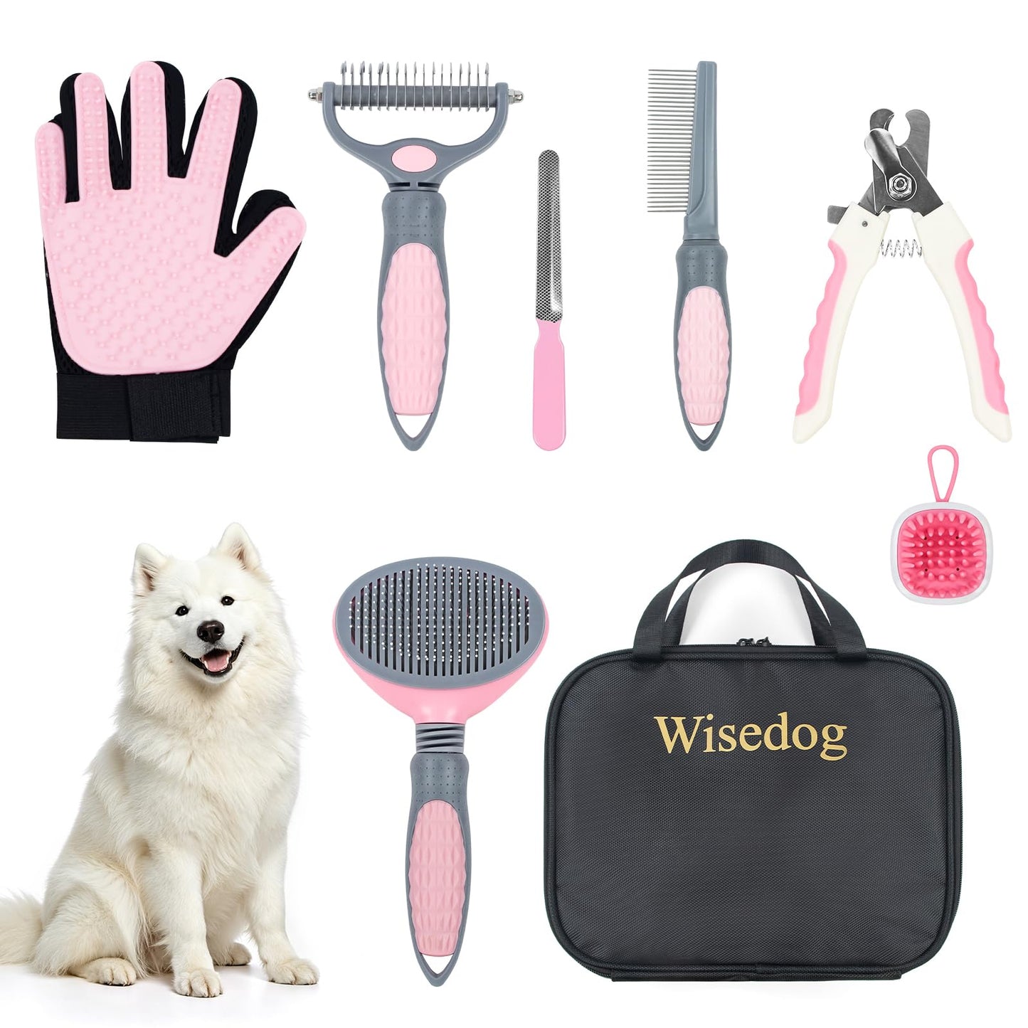 Wisedog Dog Grooming Kit 7PCS - Cat Nail Clipper with Nail File, Dematting Comb for Dogs, Flea Comb, Bath Brush, Hair Removal Mitts (Upgraded Pink)
