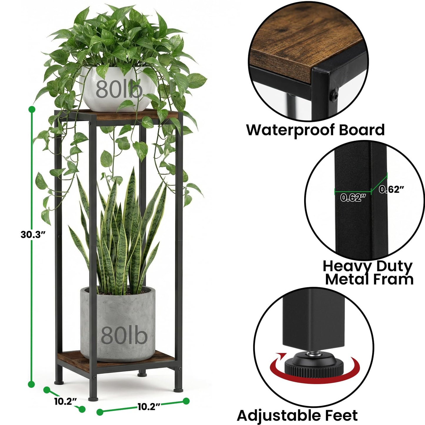 TOSKING 30" Tall 2-Tier Indoor Plant Stand (Holds 160 lbs) – Heavy Duty Black Metal Frame with Rustic Brown Wood Shelves for Balcony, Patio, Garden, Living Room, Indoor & Outdoor