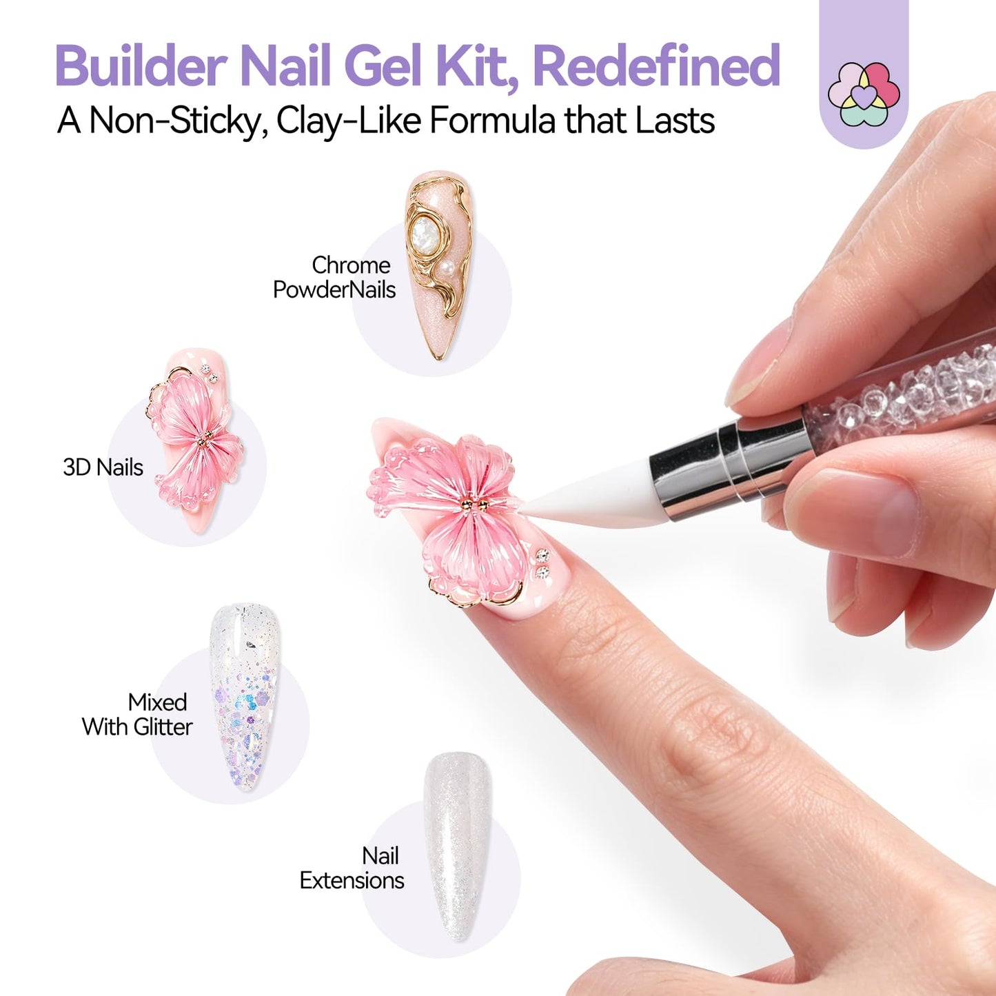 SAVILAND Non-Sticky Solid Builder Nail Gel Kit: HEMA-Free Sculpting Gels for Nail Art with Sequins Sculpture Pen for 3D Gel Nails Art Carving Extension Overlays Starters DIY Home Satin White 2.02oz