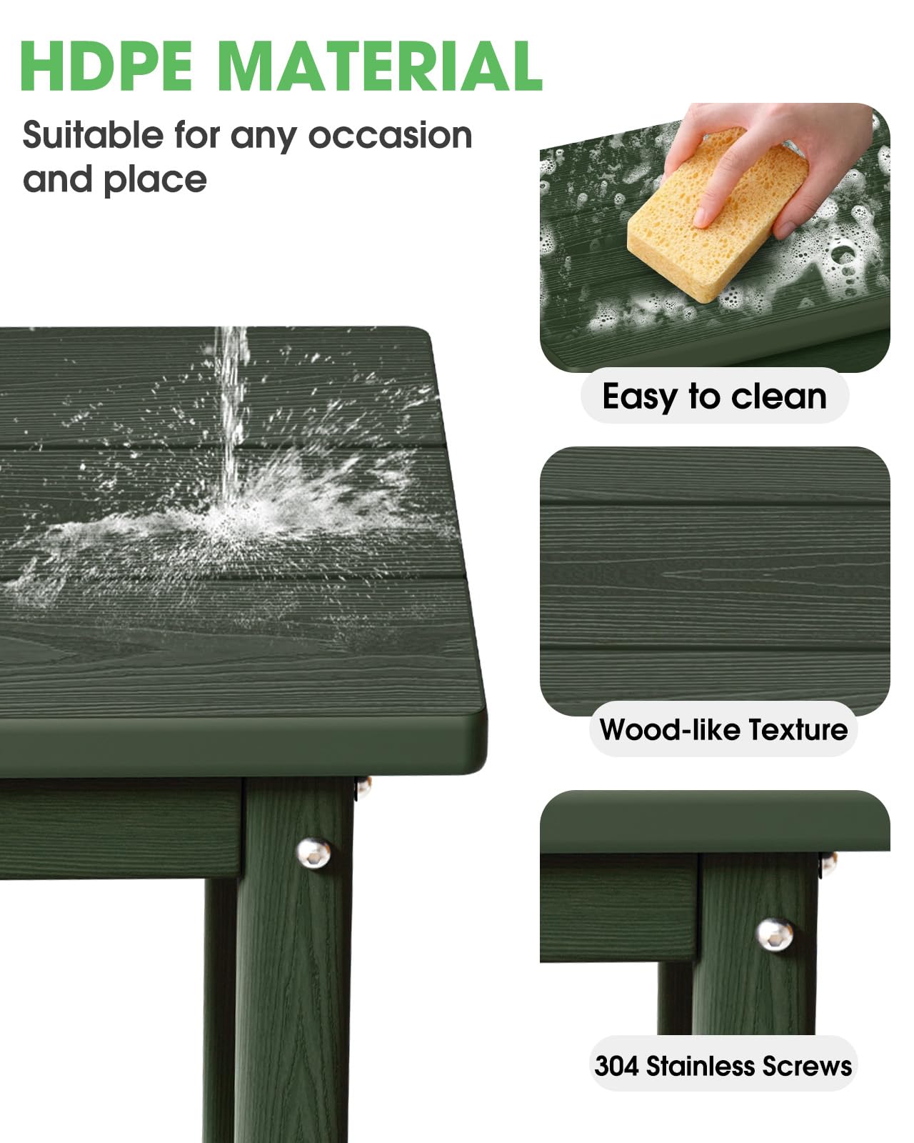 SUUNYN Outdoor Side Table, HDPE Small Outdoor Table, Adirondack Side Tables, Outside End Tables for Patio, Porch, Deck, Pool, Weather Resistant (Green)