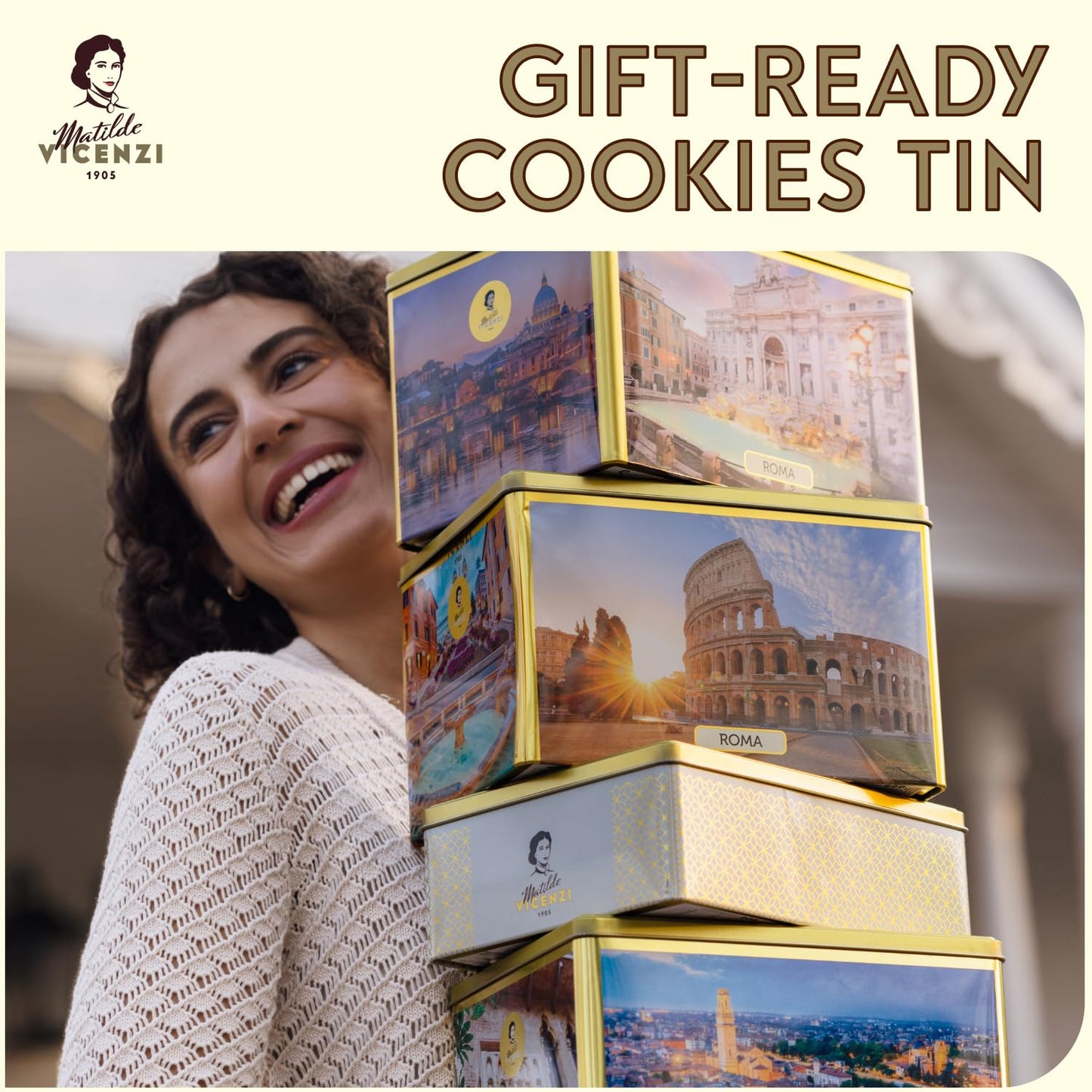 Matilde Vicenzi Roma Cookie Gift Tin - Pastries & Cookies in Individually Wrapped Trays - Gourmet Gifts For Mother's Day, Teacher, Birthday - Assorted Cookies in Italian Design Tin 32.5oz (920g)