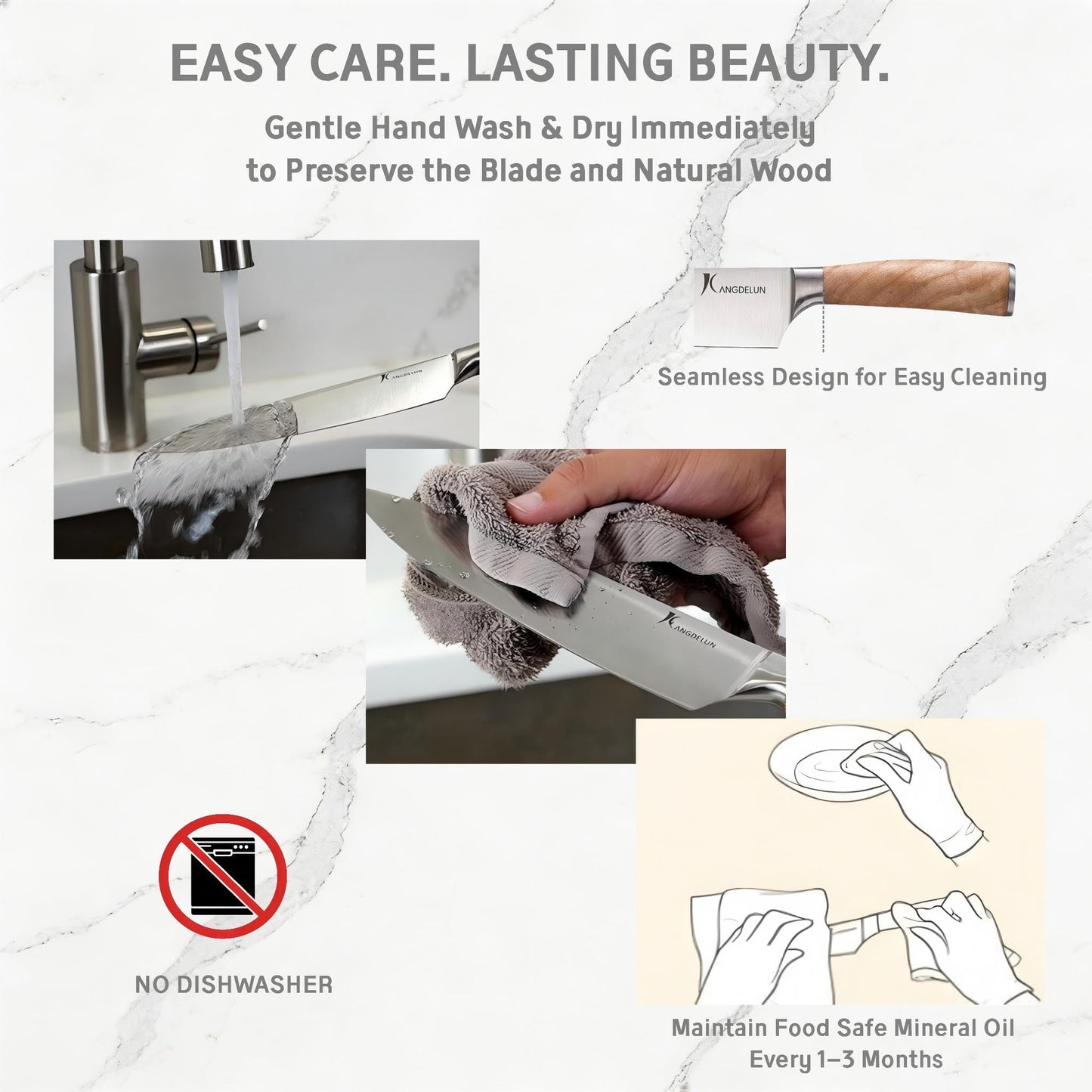 Kangdelun Ultra Sharp 15-Piece Kitchen Knife Set, High Carbon Stainless Steel Blades, Torrefied Natural Wood Handles, Ergonomic Design, Space-Saving White-Finished Wood Block, Easy Hand Wash, Gift Box