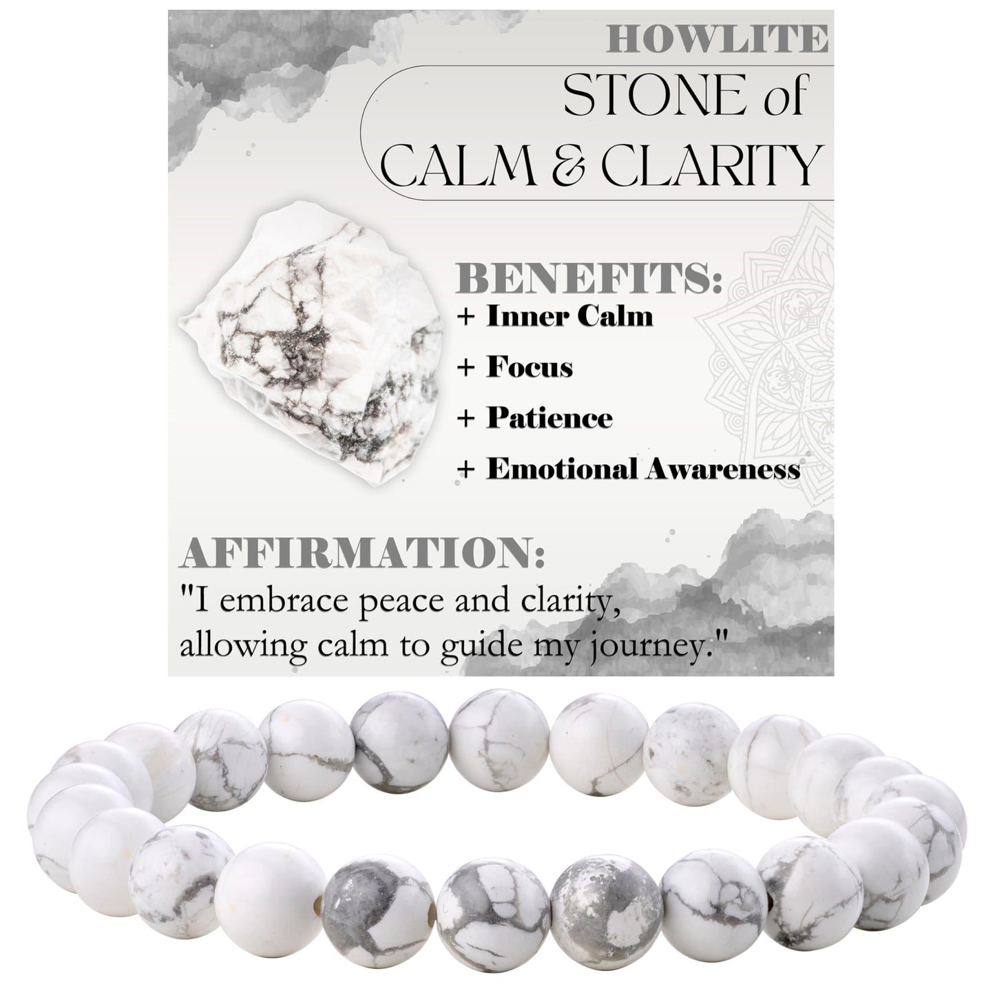 Howlite - Calm Clarity - 8mm Beaded Bracelets for Women Handmade Semi Precious Natural Stone Stretch Elastic Jewelry Yoga Protection Gifts