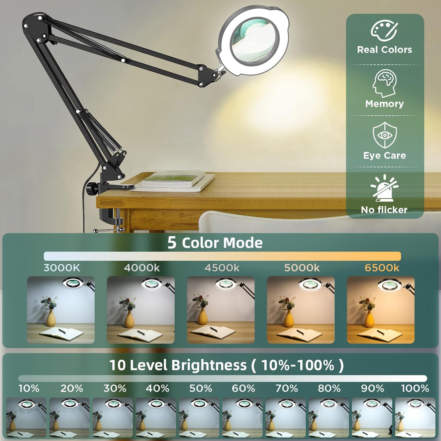 Hands Free Magnifying Glass with Light and Clamp,10X Lighted Magnifying Desk Lamp with 5 Color Modes & 10 Brightness Levels, LED Magnifier with 360° Arm for Reading, Crafts, Soldering, Close Work