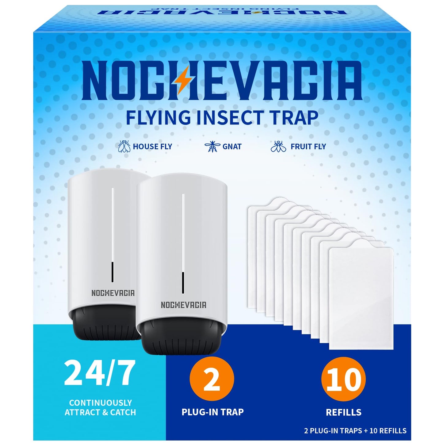 NocheVacia 2 Plug-in Flying Insect Traps & 10 Refills, Effective Fly Trap for Indoor Use, Small Bug Catcher with Purple Light for Fruit Flies, Gnats, Moths and Mosquitoes