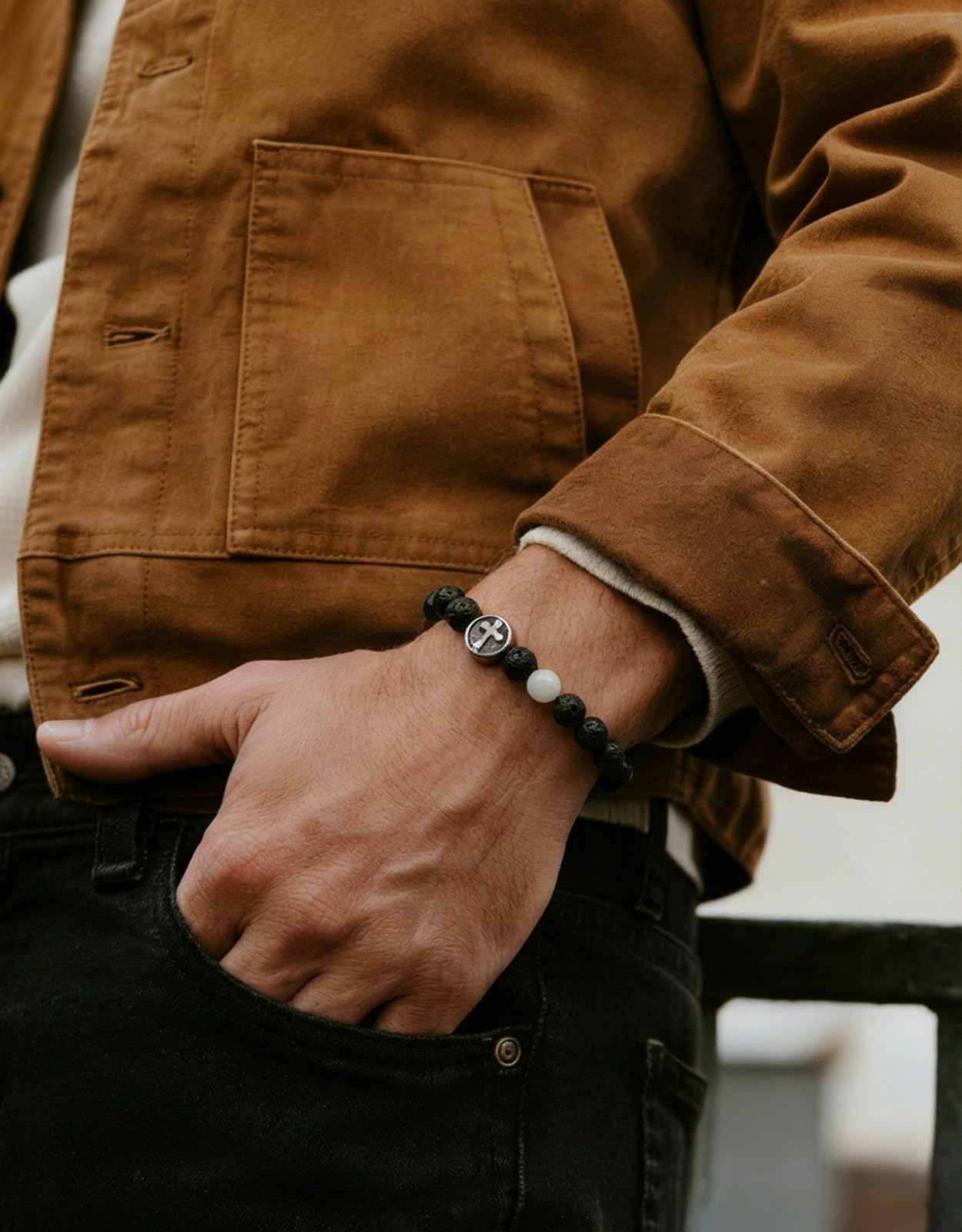 Landorilo Gifts for Men, 8mm Cross Natural Stone Beaded Bracelets, Volcanic Rock Healing Bracelet, Handmade Mens Jewelry Gift for Him, Husband, Son, Father, Friend(To My Son-8.3in)