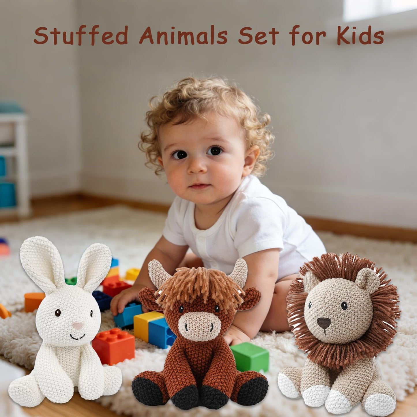 3Pcs Easter Stuffed Animals Toys for Girls 7-8 Inch Cute White Bunny Plush, Cuddly Highland Cattle Toy and Soft Crochet Lion Knitted Cotton Baby Plush Toy Gift for Kids and Newborns, Christmas