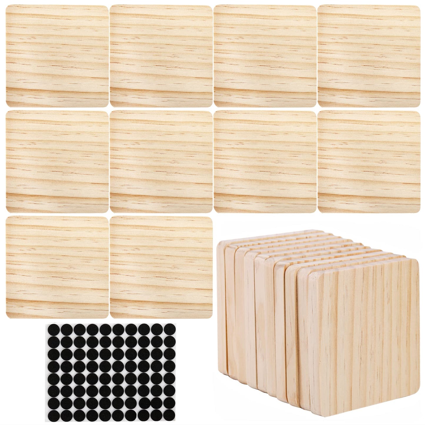Dicunoy 20 Pack Unfinished Wood Coasters, 4" Blank Wooden Coasters for Craft, Square Coasters with Non-Slip Pads for DIY Supplies, Laser Engraving, Stained Painting, Drawing, Home Decor