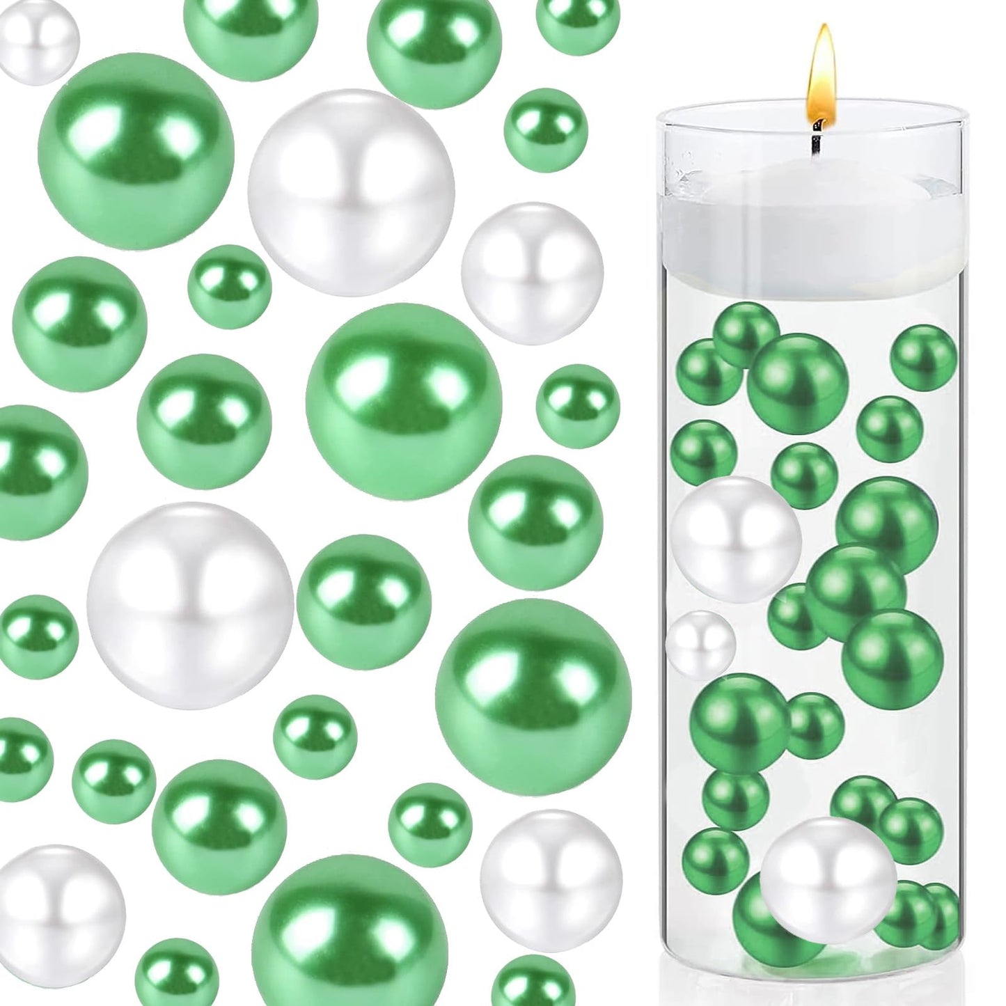 Chuxin 230 Pieces Floating Pearls for Vases Filler, 20/14/10mm Pearl Beads No Hole Faux Green Beads for St. Patrick's Day Vase Centerpieces Home Table Party Decor