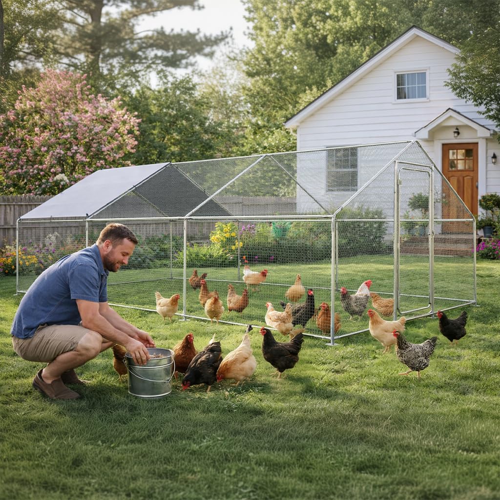 COMHOMA 19.7×10×6.6FT Large Metal Chicken Coop,Galvanized Steel Walk-in Chicken Run with Waterproof Roof & Lockable Door,Outdoor Poultry Cage for Hens,Ducks,Rabbits